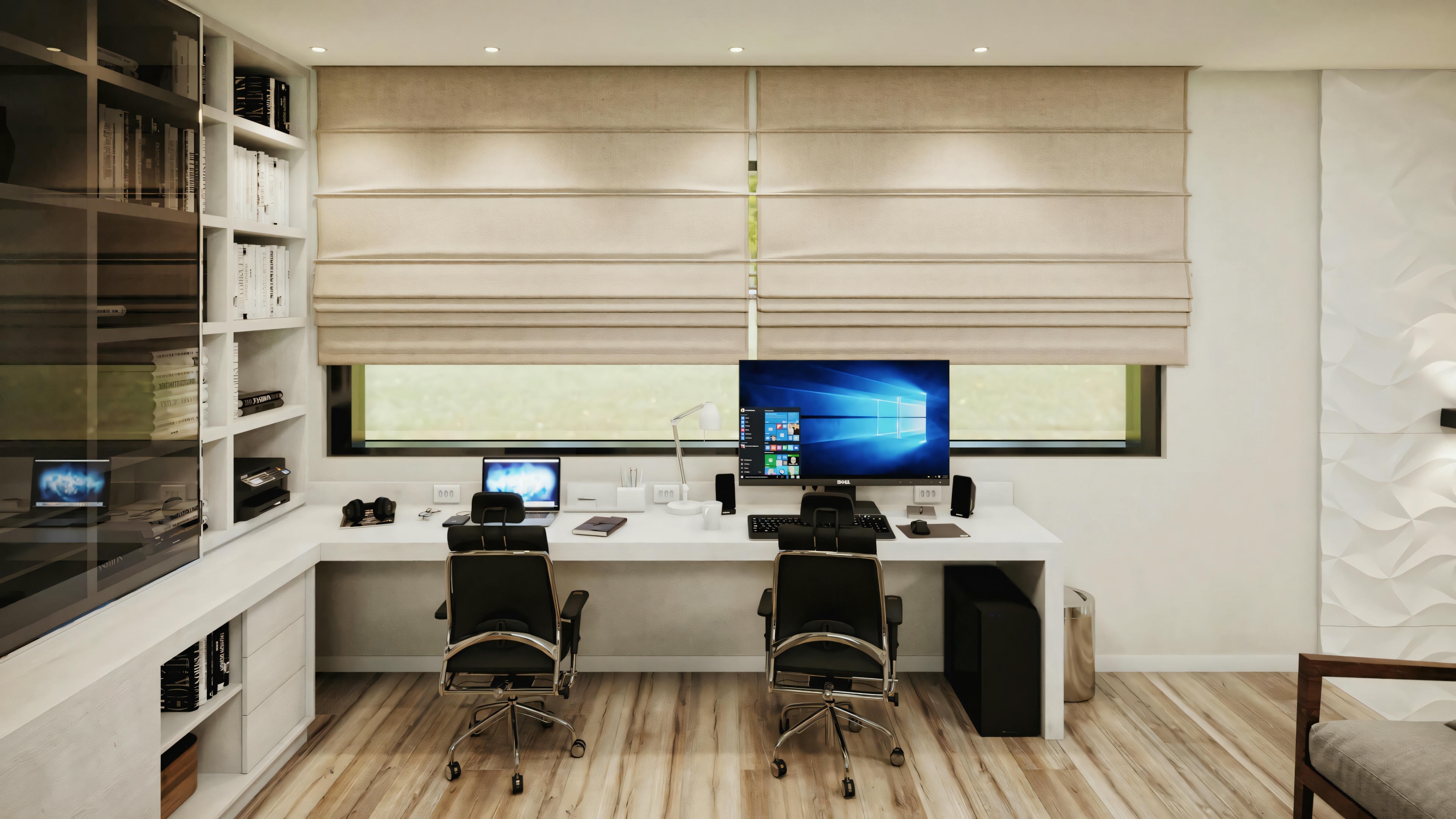 Um escritório com mesa, monitores de computador e prateleiras com itens diversos.