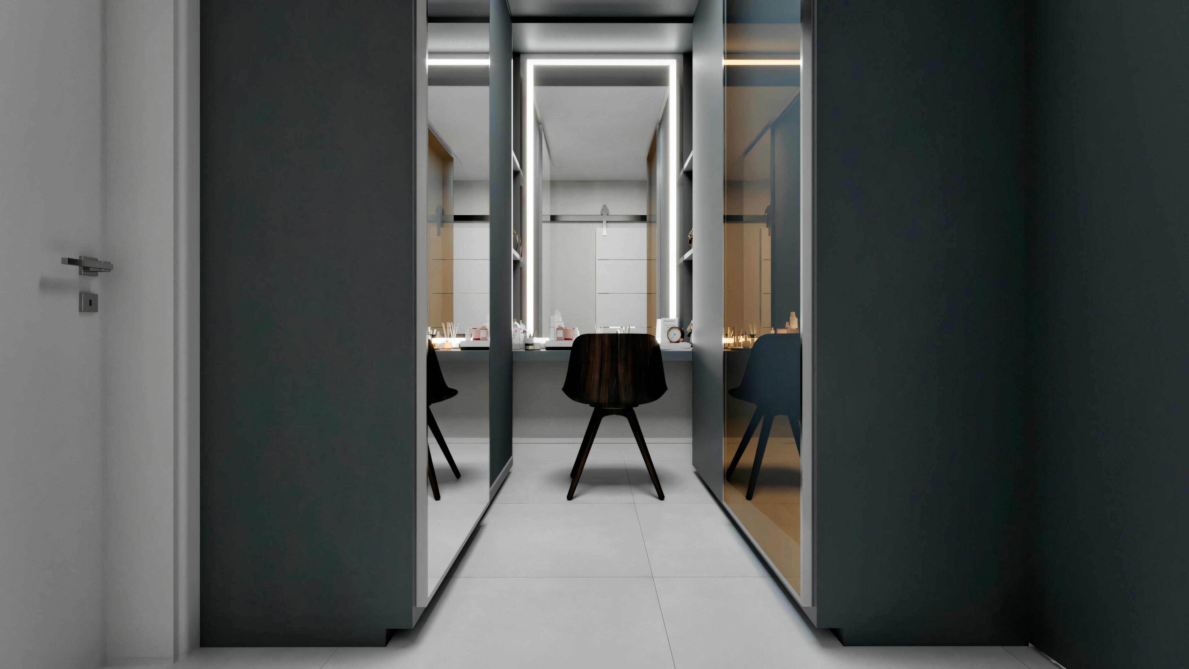 Espacio interior moderno, posiblemente un pasillo o sala, com puertas a la izquierda y una silla al fondo.
