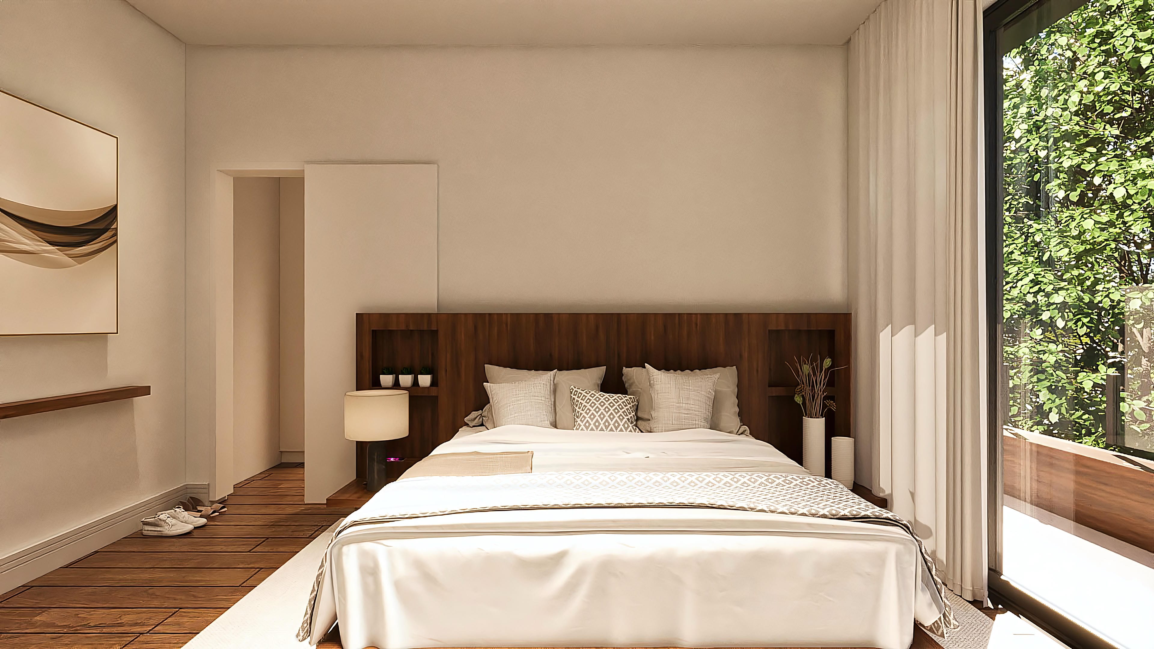 Habitación elegante de casa de dos plantas neoclásica con cama queen-size, cabecero de madera oscura con nichos, piso de madera y amplia ventana con vista a un exuberante paisajismo.