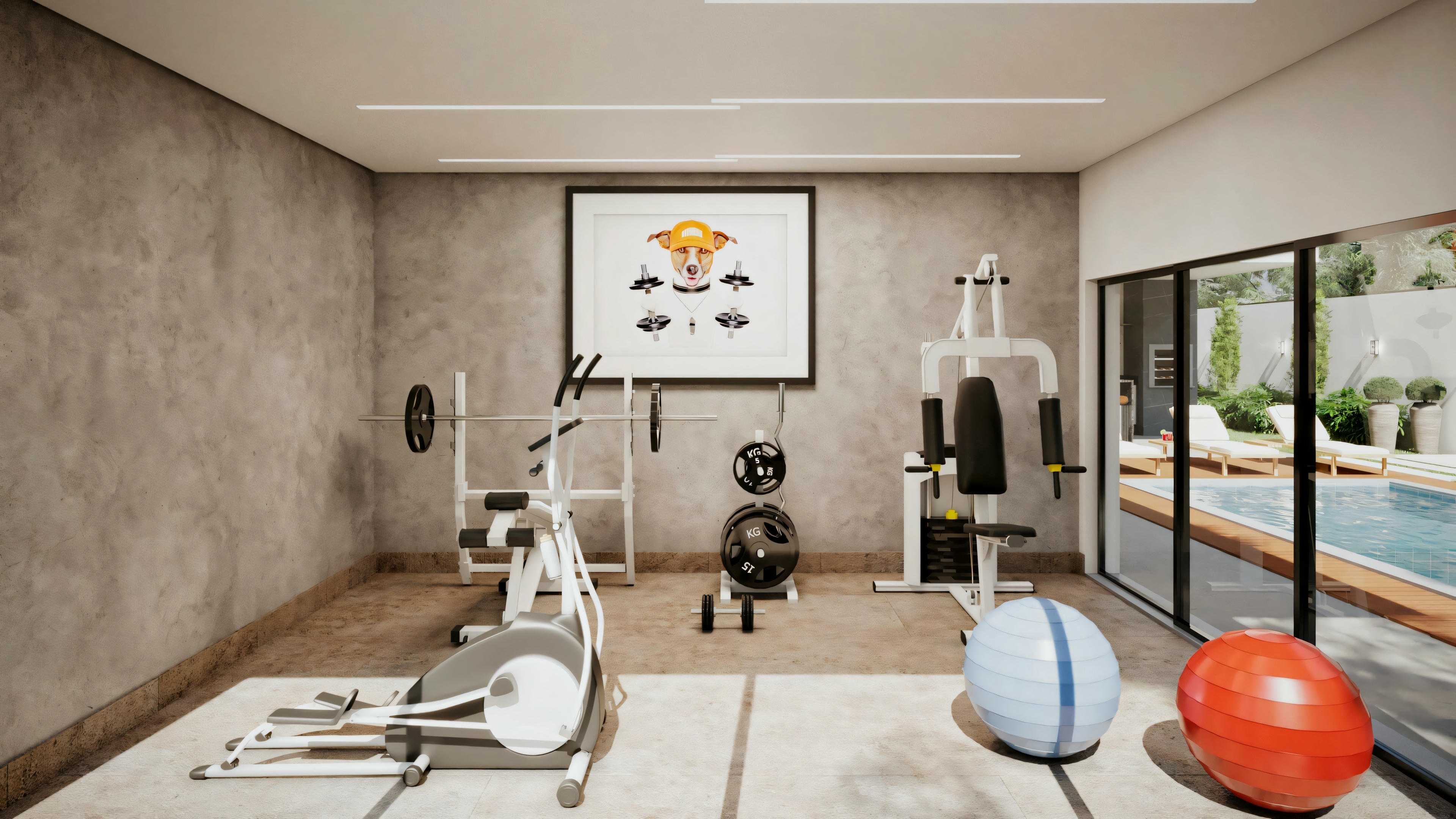 A modern home gym with various exercise equipment, including a treadmill, dumbbells, exercise ball, and bench.
