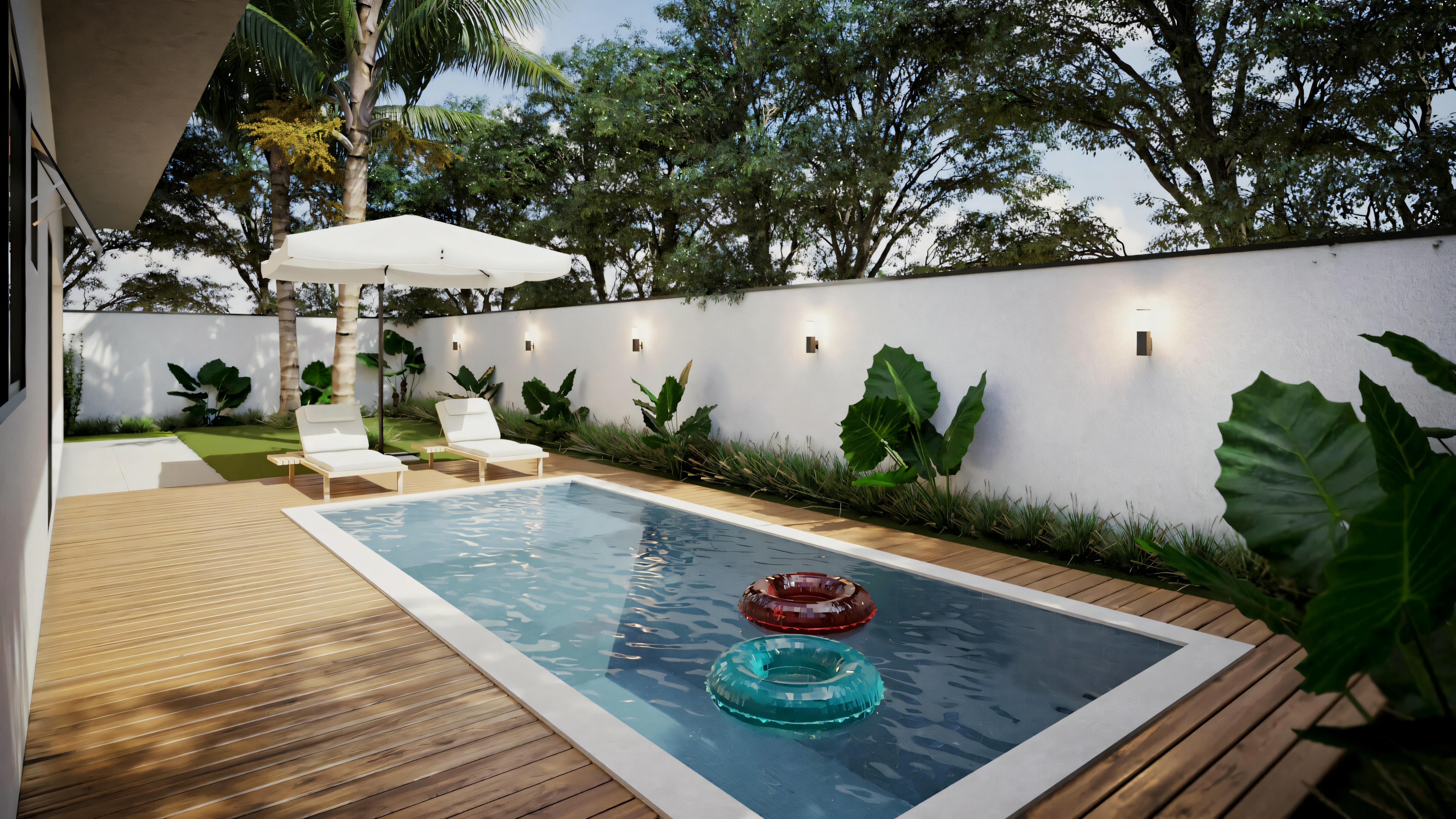 Outdoor leisure area with a pool, surrounded by trees and plants, and garden furniture.