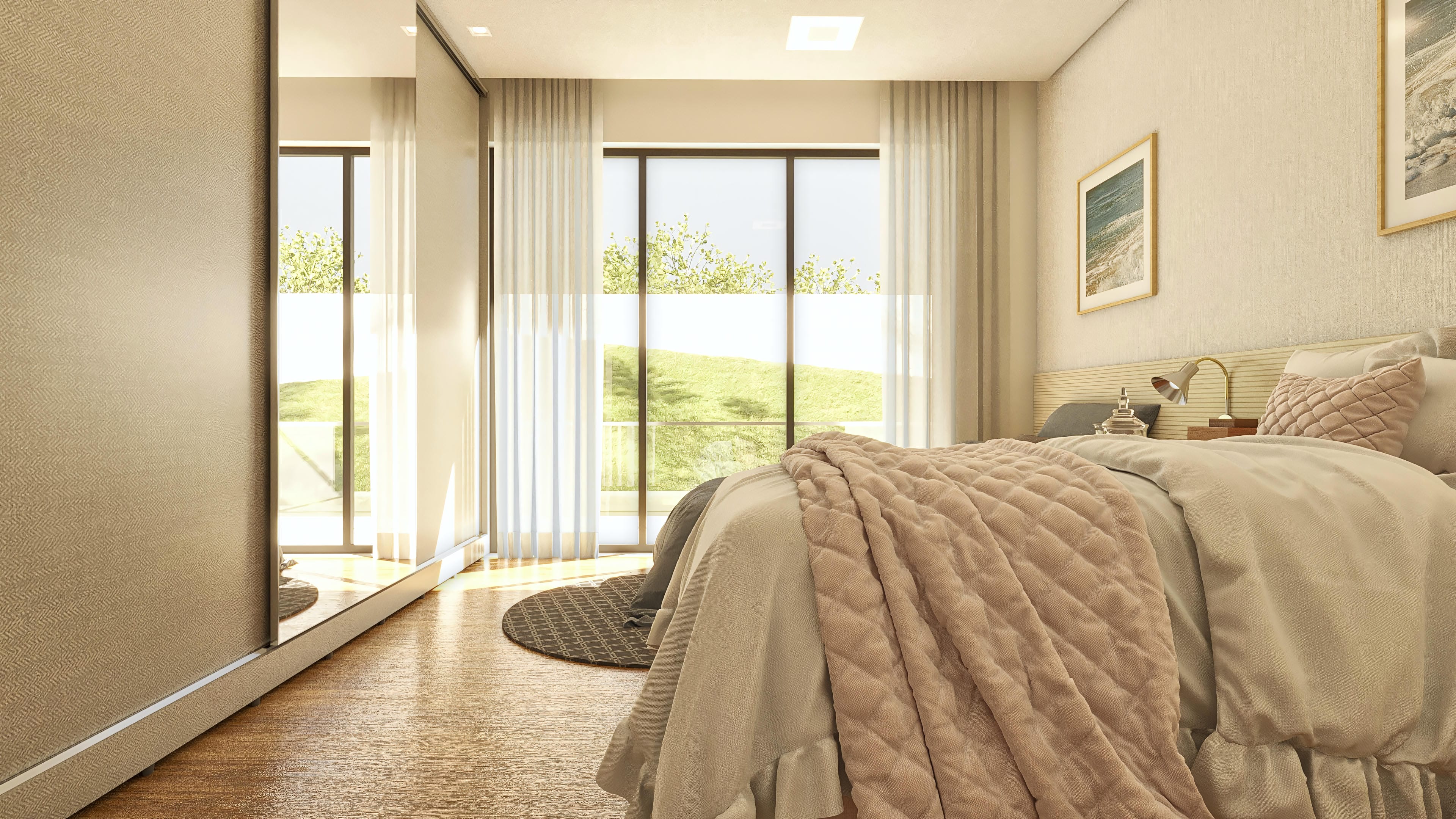 Interior of a bedroom in a modern two-story house, with large windows revealing a green landscape. The room is cozy with a generously covered bed, mirrored closet, and finishing details in neutral tones.