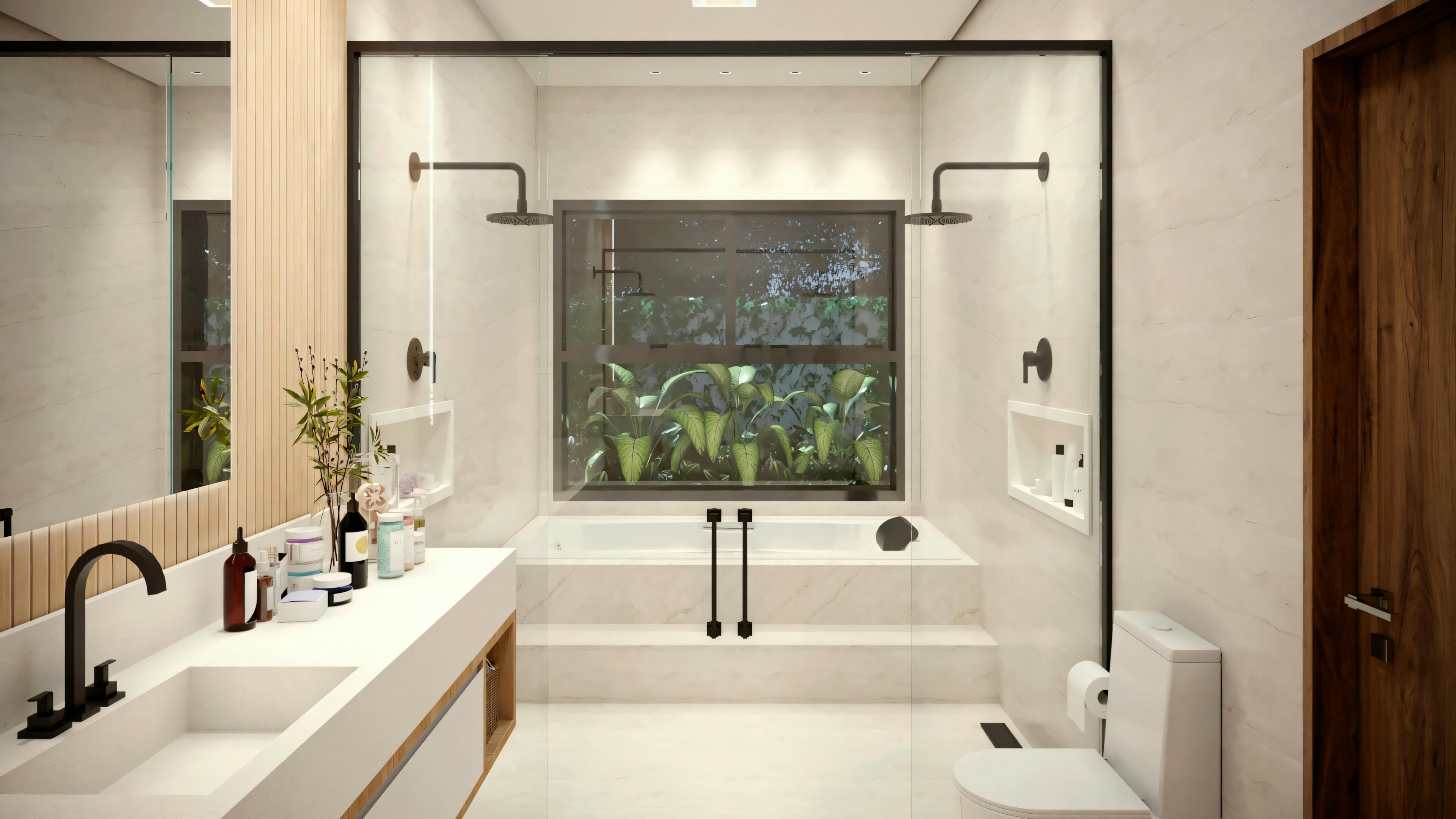 Interior view of a bathroom with double sinks, large mirrors, and marble countertops.