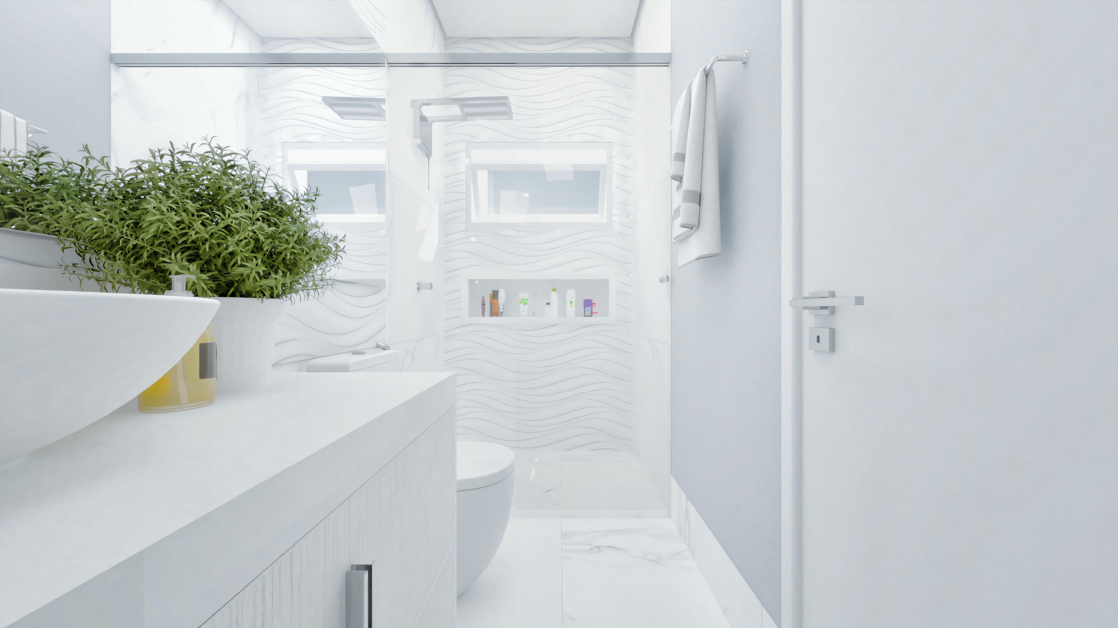 A modern bathroom with white walls, shower area on the right, toilet in the center, and sink on the left, with a countertop and green plants.