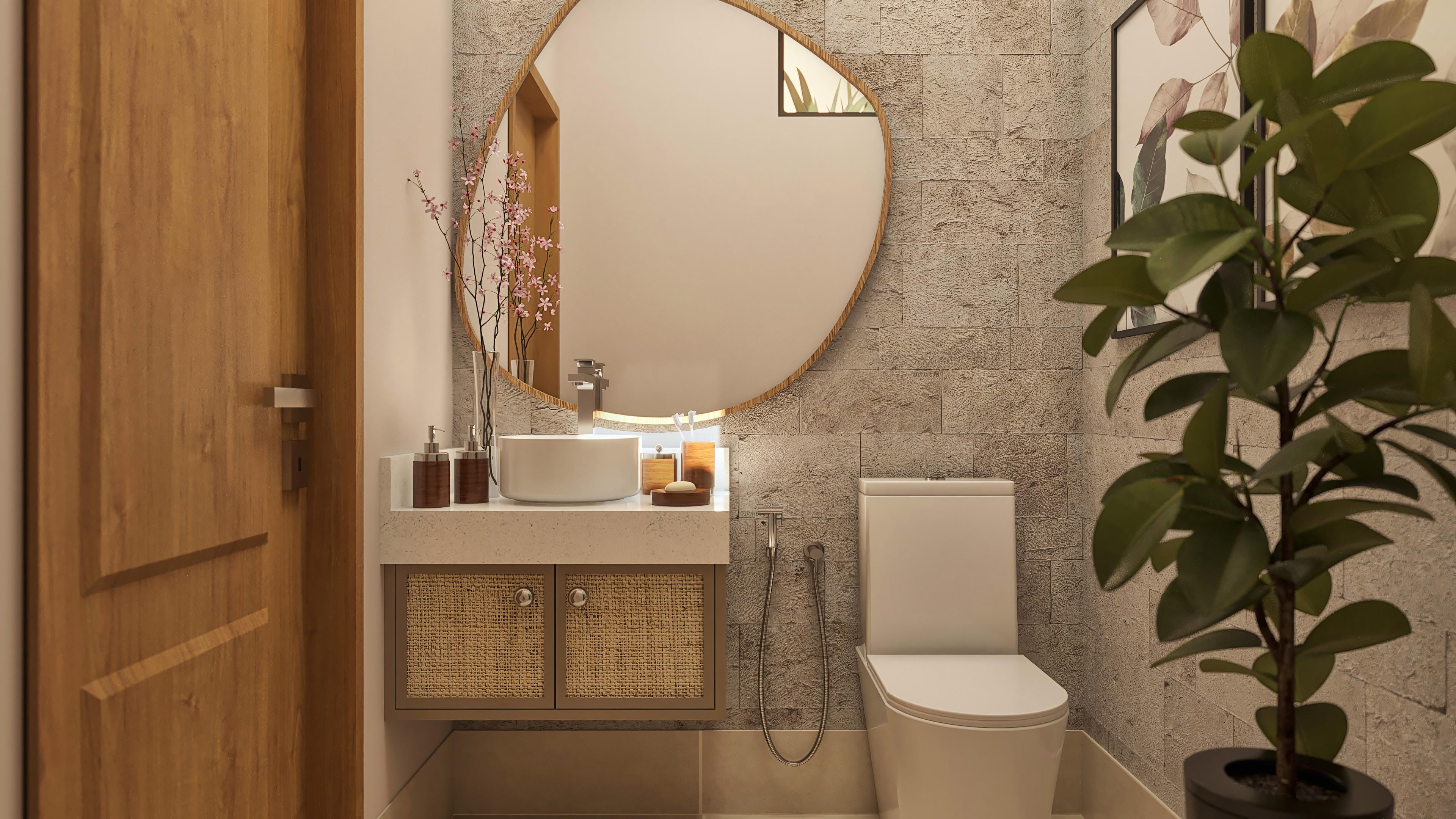 Bathroom interior with vessel sink, oval mirror with wood frame, slatted cabinet, and textured cladding on the wall.
