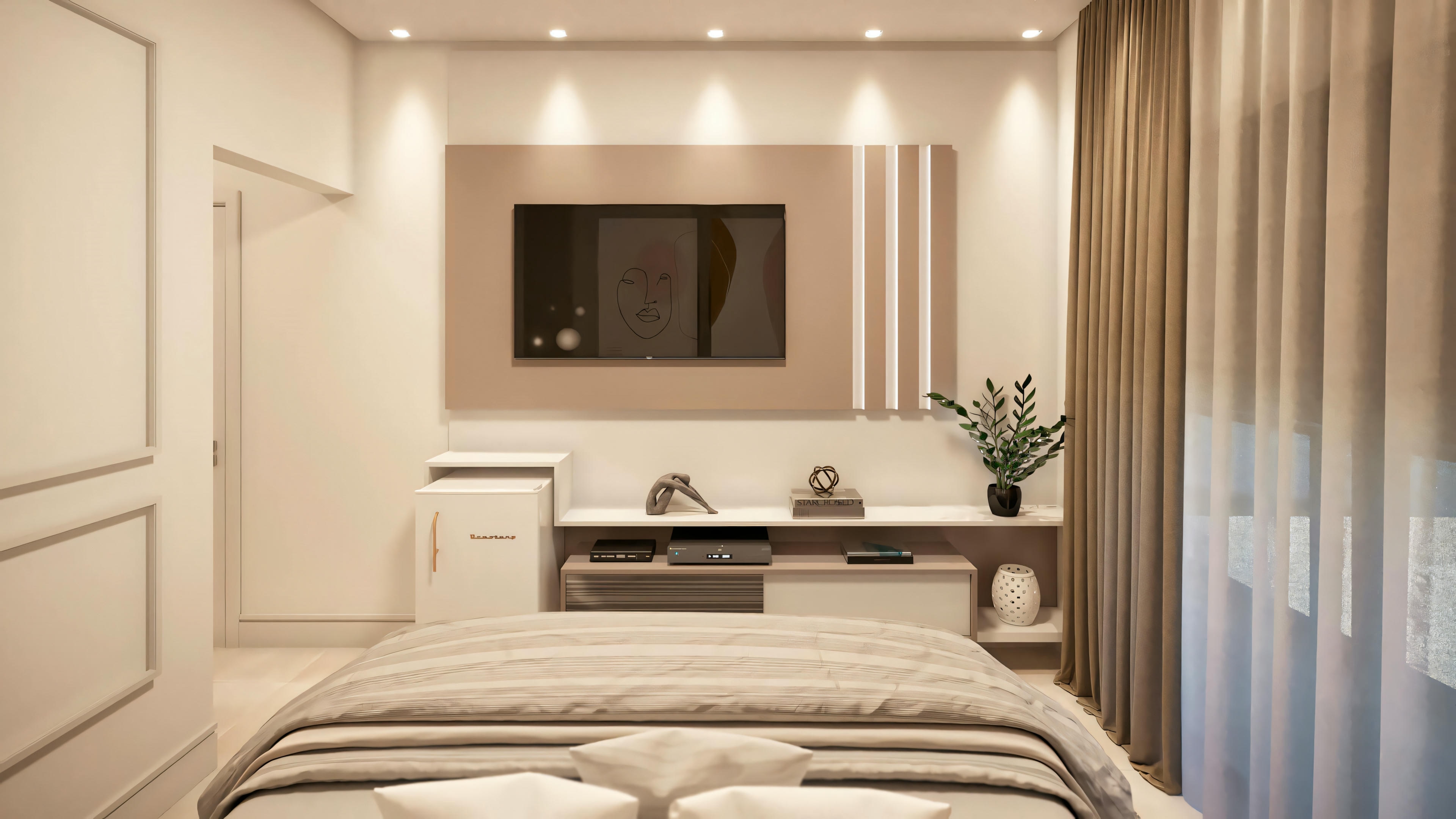 Modern bedroom with a bed, headboard, and side tables.