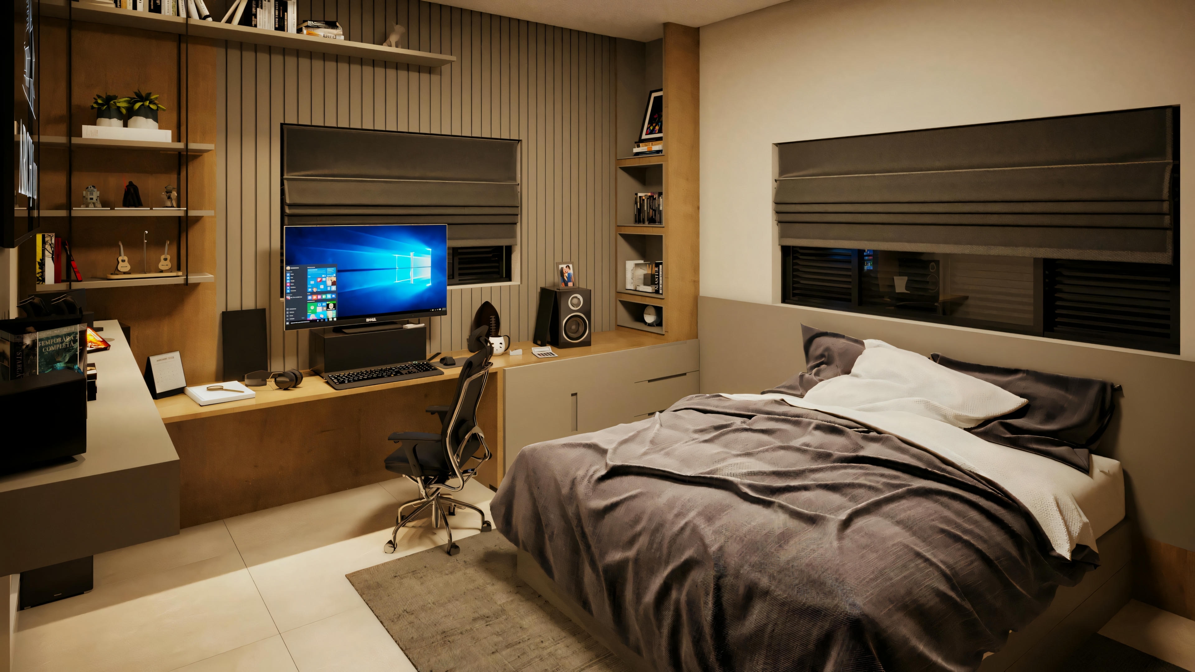 Modern bedroom with a large bed, gray bedding, black-out blinds on the window, and a wall-mounted television.