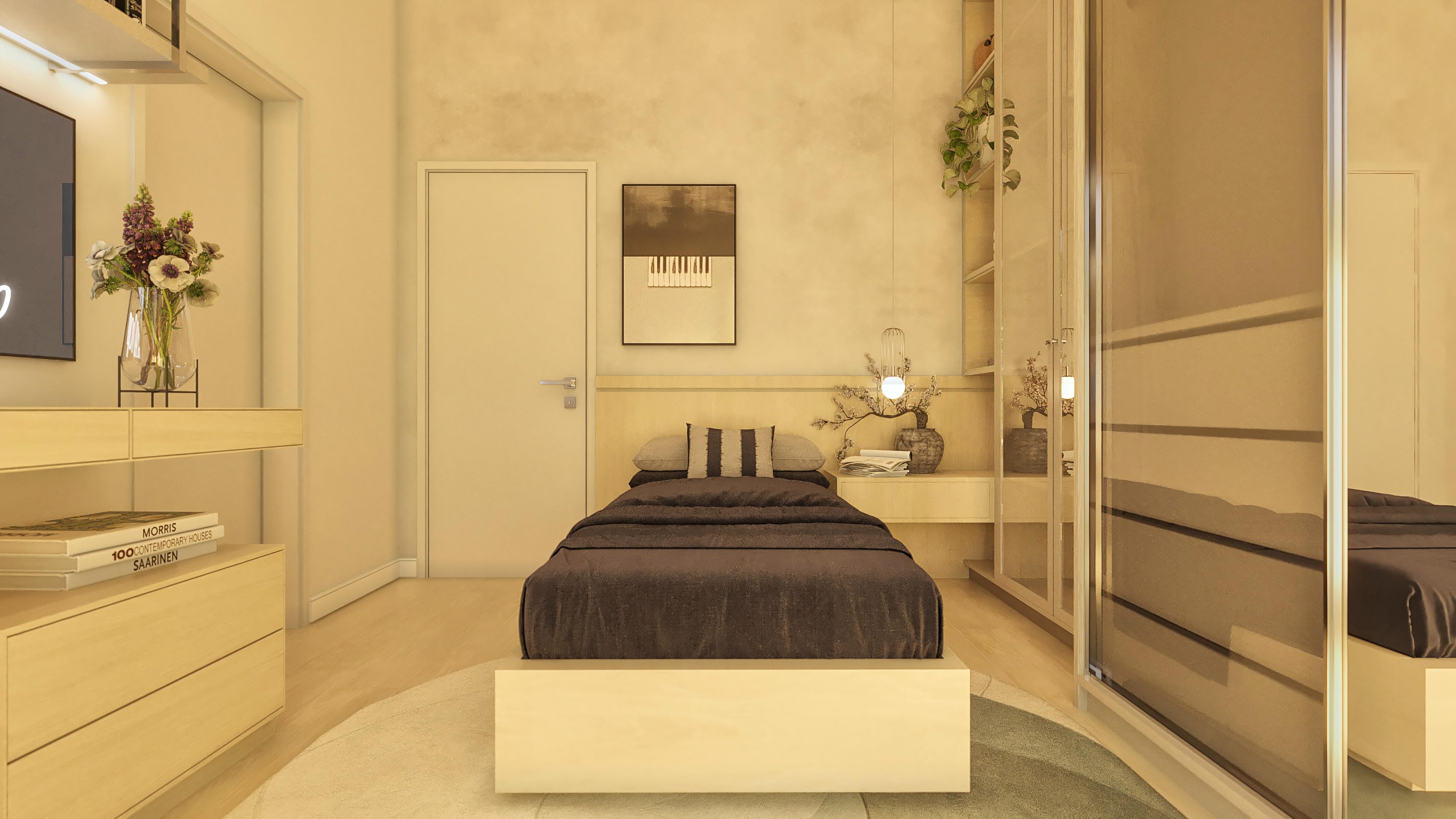 Bedroom of a modern single-story house with a double bed, nightstand with decorative lighting, light-toned door, and mirrored wardrobe.