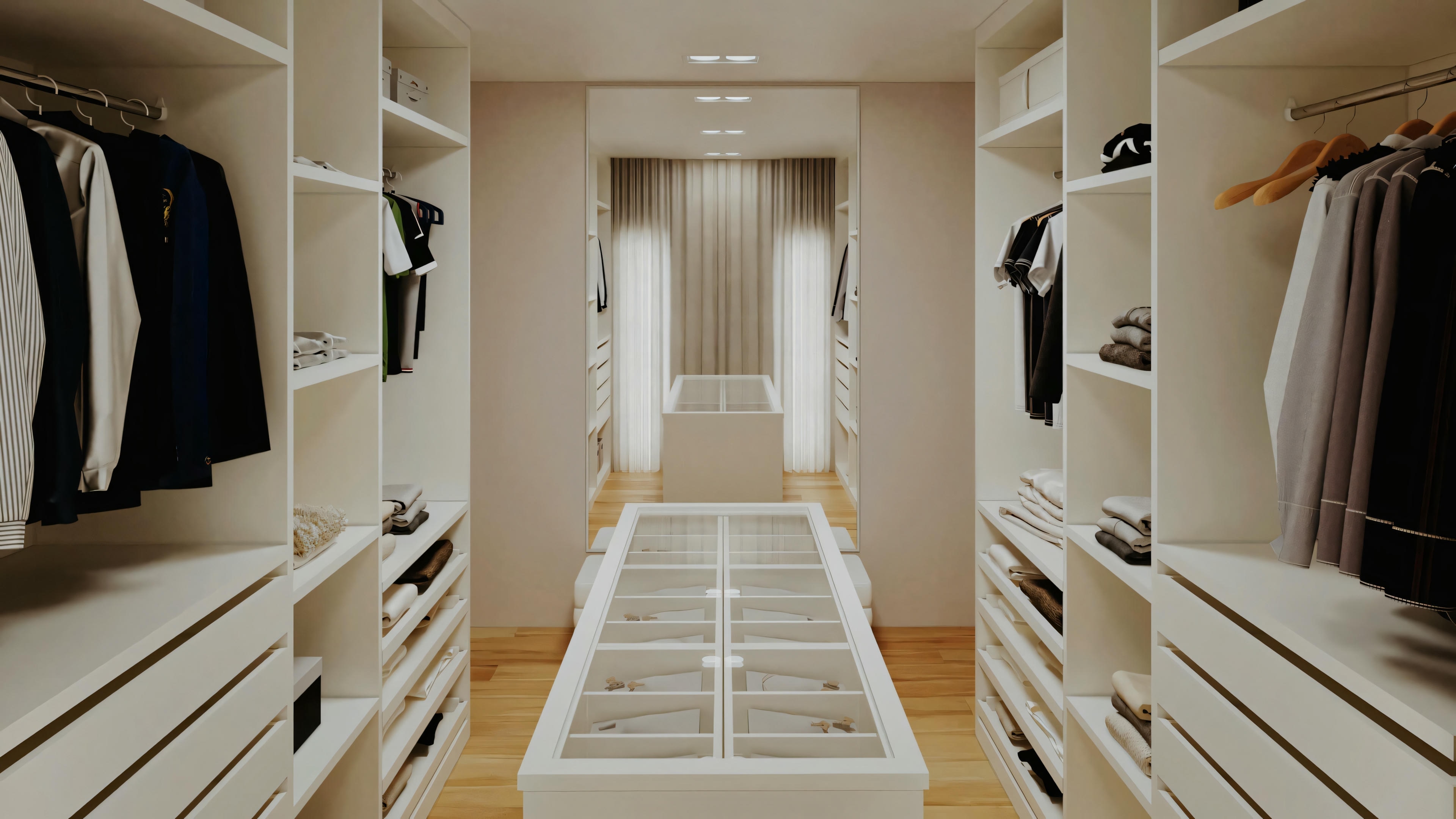 A well-organized closet with clothes hanging on hangers and shelves with storage compartments.