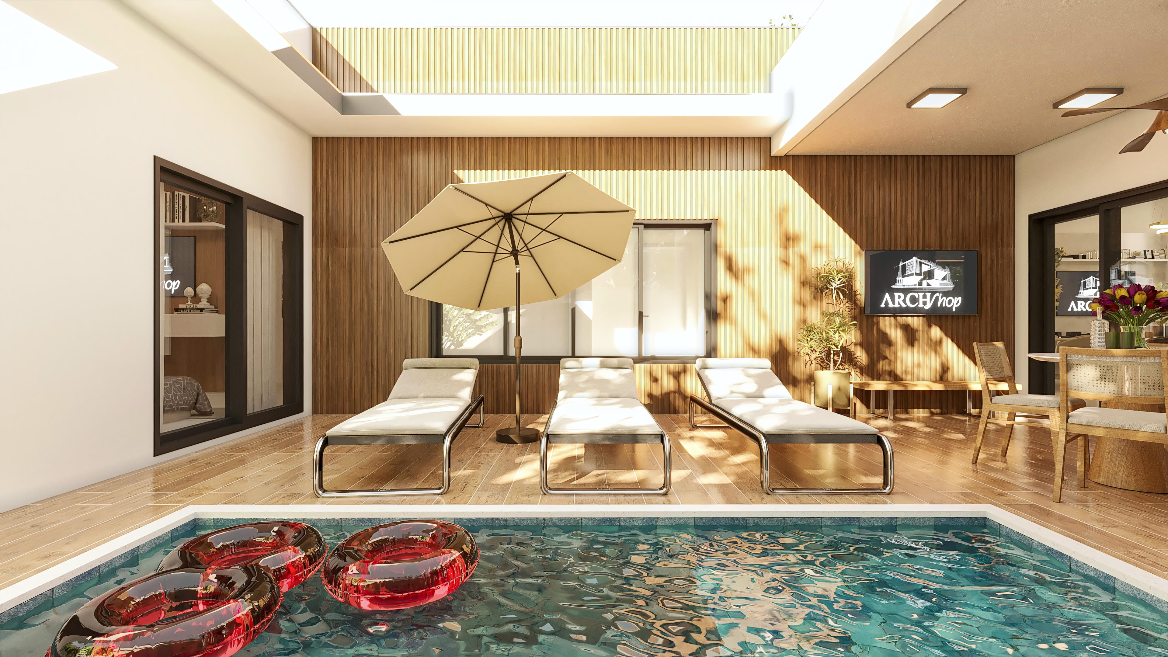 Leisure area of a modern house with a crystal-clear pool, wooden deck, and slatted wood wall. Includes gourmet area and sun loungers.