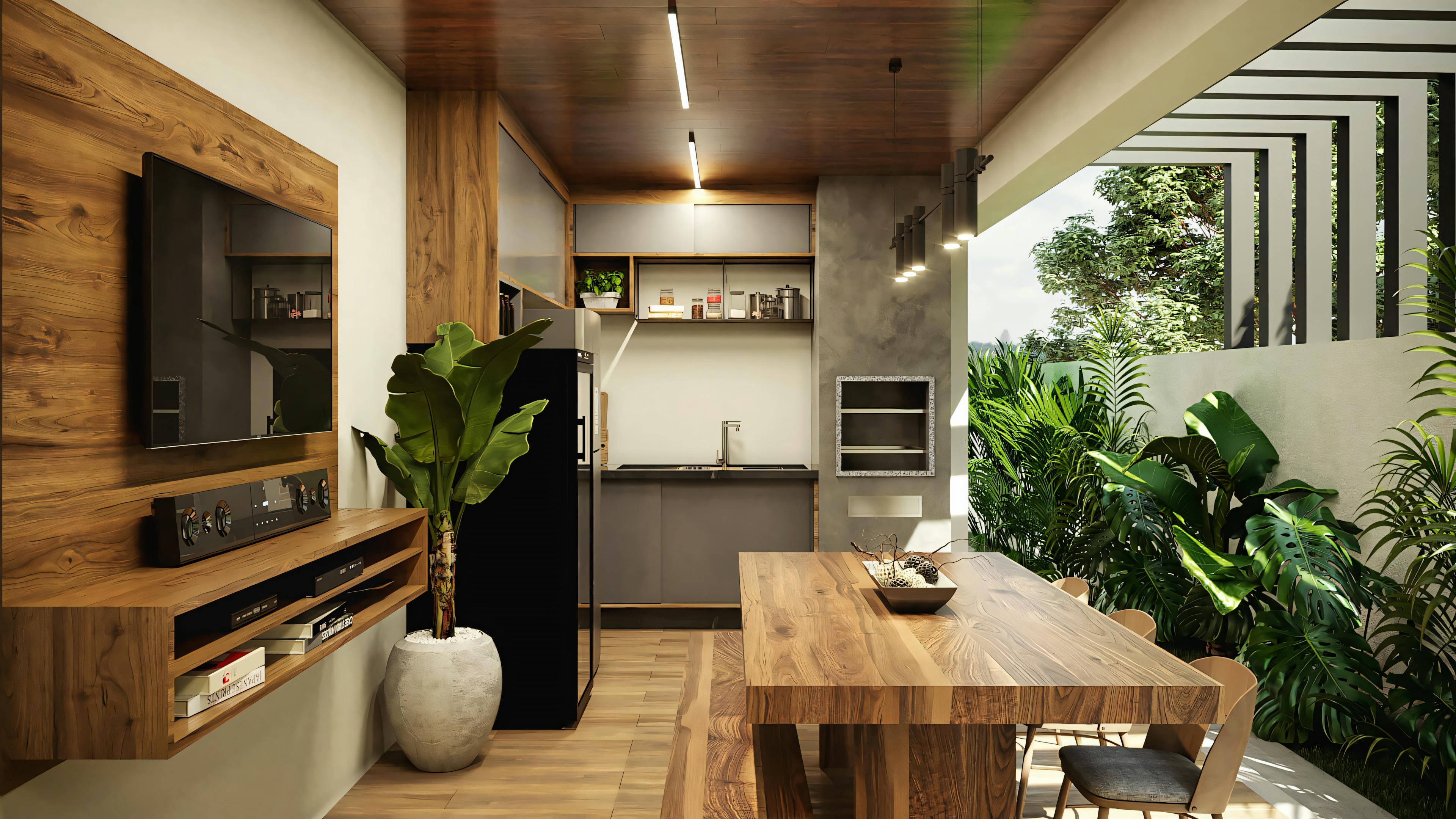 Modern and spacious kitchen with wooden elements, decorative plants, and natural and artificial lighting.