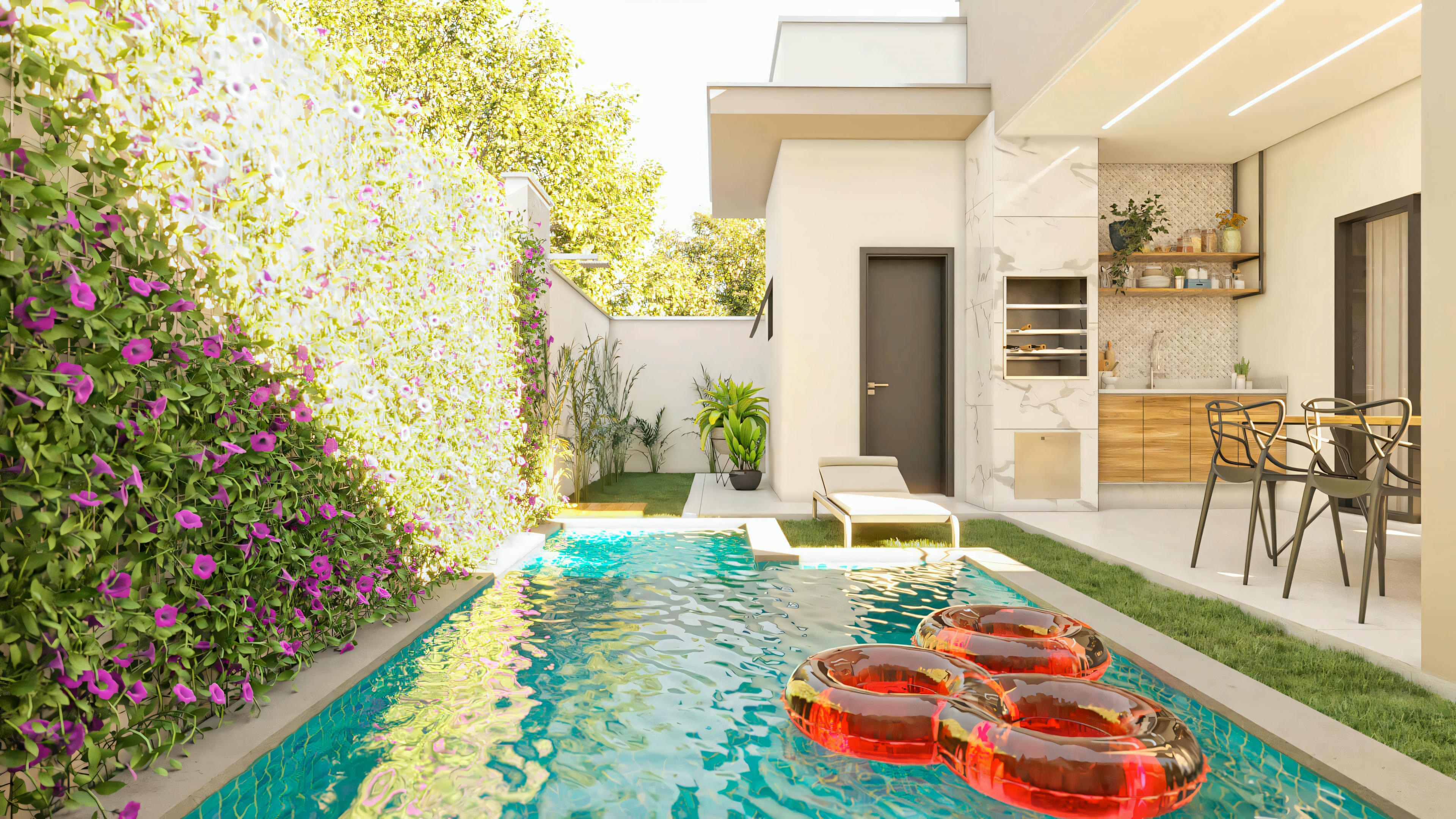 Vista da piscina e área de lazer do sobrado de 194.7m² (lote 10x25). Piscina em primeiro plano, espaço gourmet à direita e exuberante jardim vertical na parede esquerda, criando um ambiente agradável.