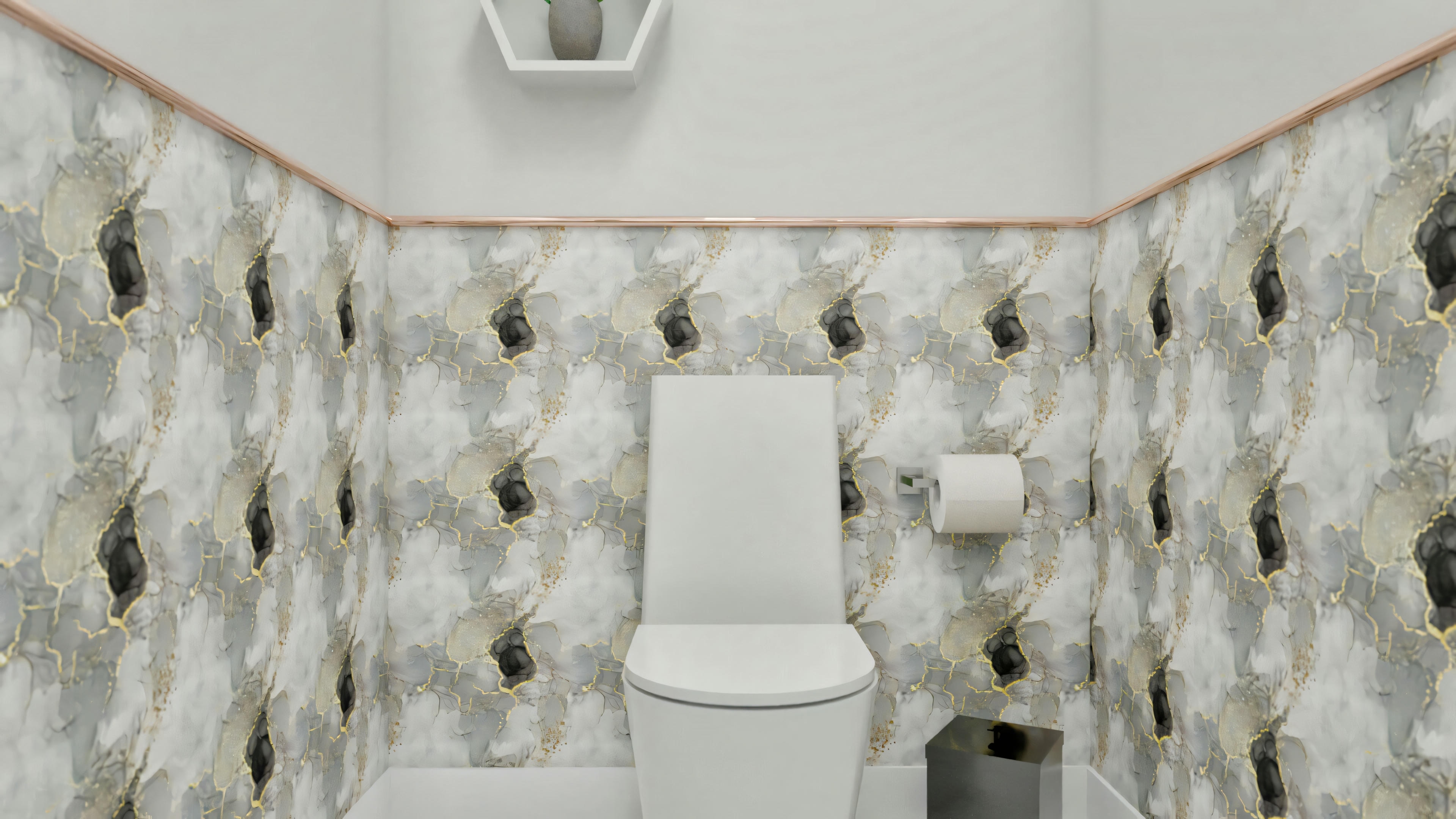 Toilet area in the powder room of a ready-made project with 5 suites, with a contemporary design toilet, built-in niche in the upper wall, and patterned covering with a metallic frieze.