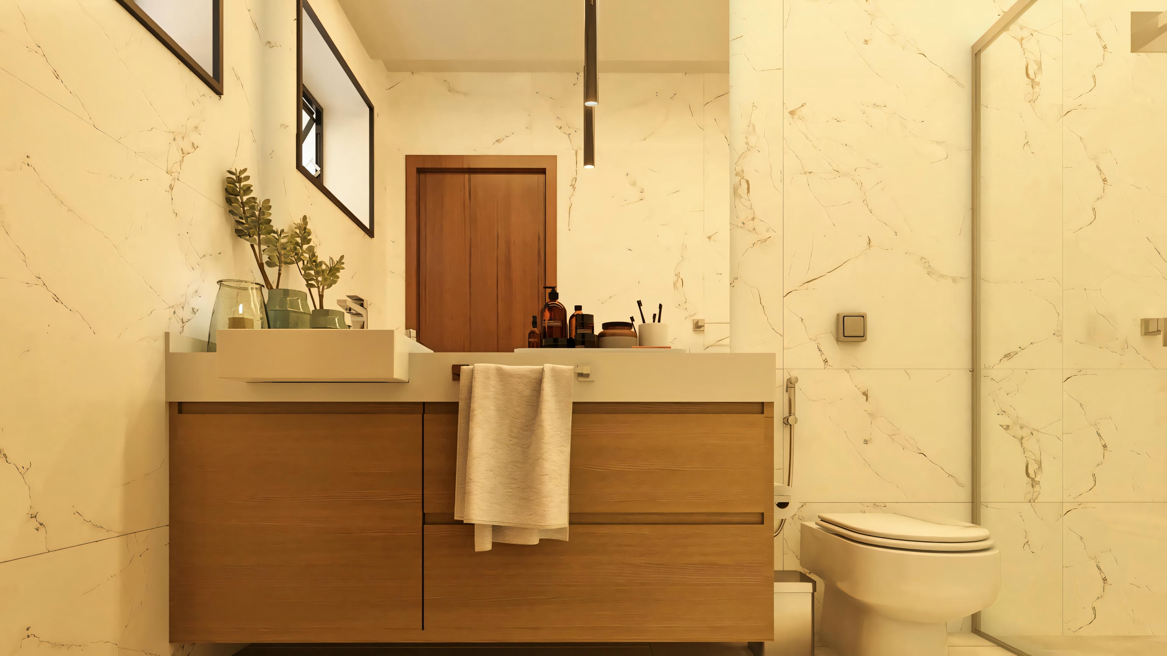 Banheiro de uma das 4 suítes do projeto de casa moderna. Possui bancada clara com cuba, armário inferior com acabamento amadeirado, espelhos quadrados, iluminação pendente, e revestimento marmorizado. Inclui box e vaso sanitário. Projeto completo conta com 555.9m², 7 banheiros, escritório e área gourmet.