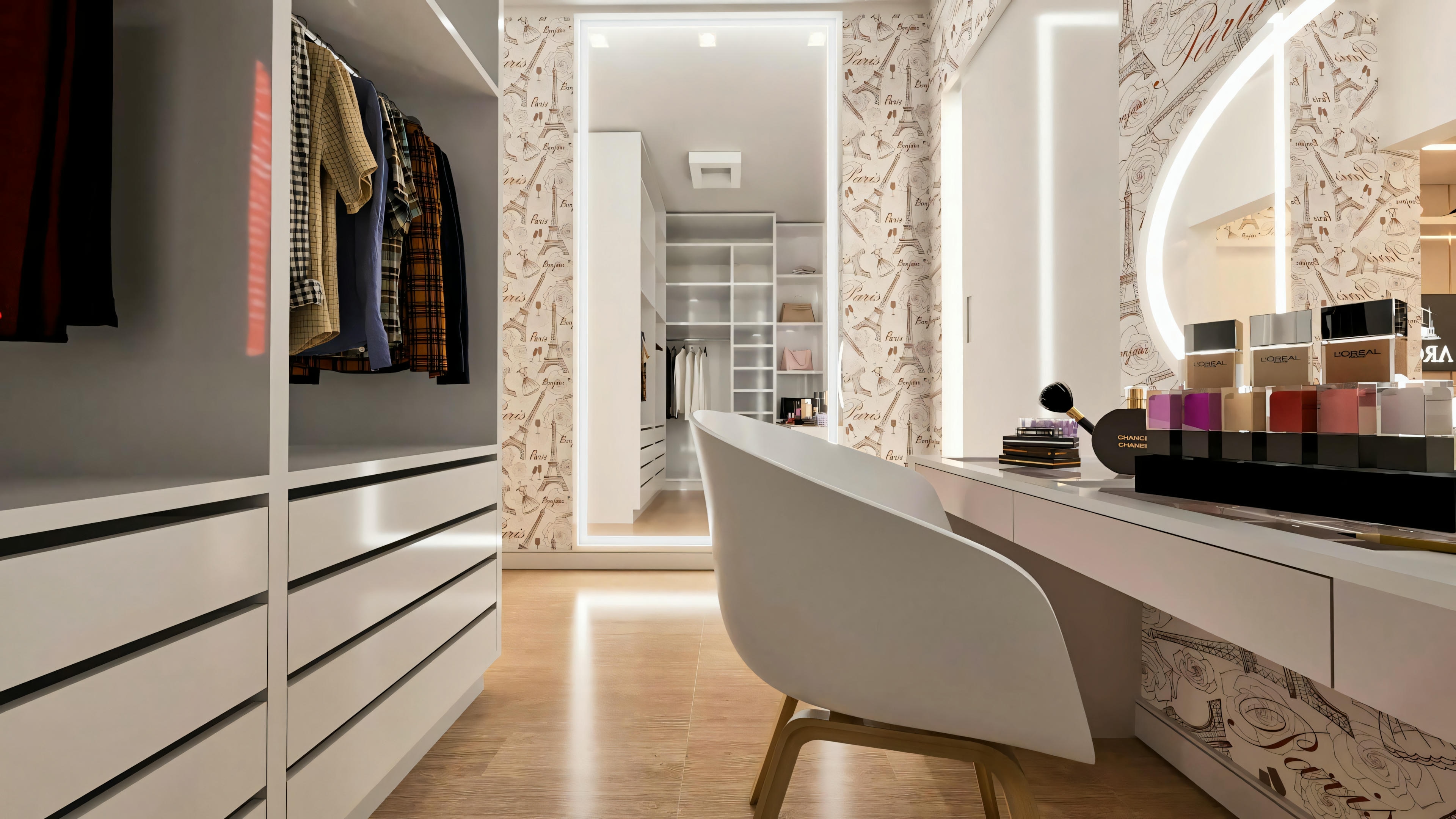 Baño de una de las 4 suites del proyecto de casa moderna. Posee encimera clara con lavabo, mueble inferior con acabado amaderado, espejos cuadrados, iluminación colgante, y revestimiento marmolado. Incluye ducha y sanitario. Proyecto completo cuenta con 555.9m², 7 baños, oficina y área gourmet.