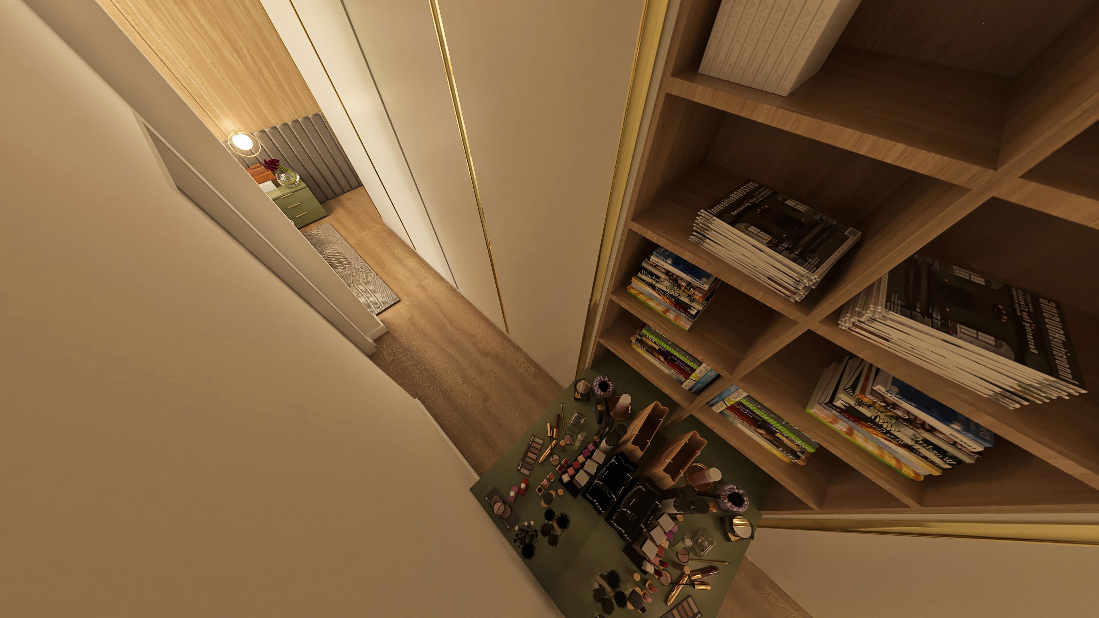 Ambiente interno com piso de madeira, prateleiras de madeira com revistas e objetos, e área de closet com móveis planejados.
