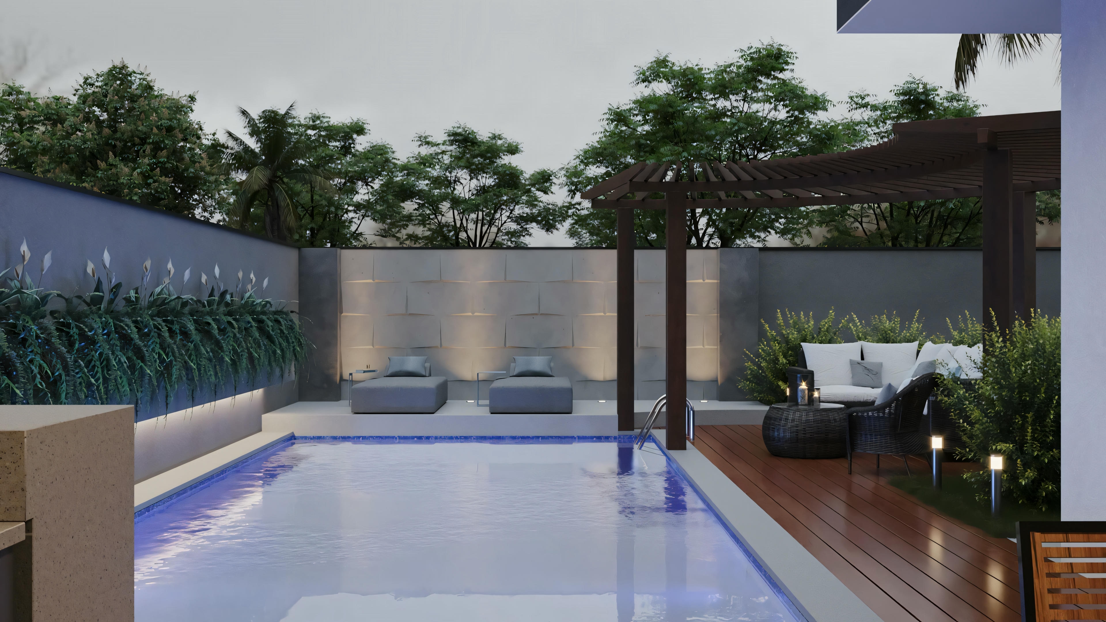 Um quarto luxuoso com vista para uma área externa com piscina, mobiliado com móveis modernos e decoração sofisticada.