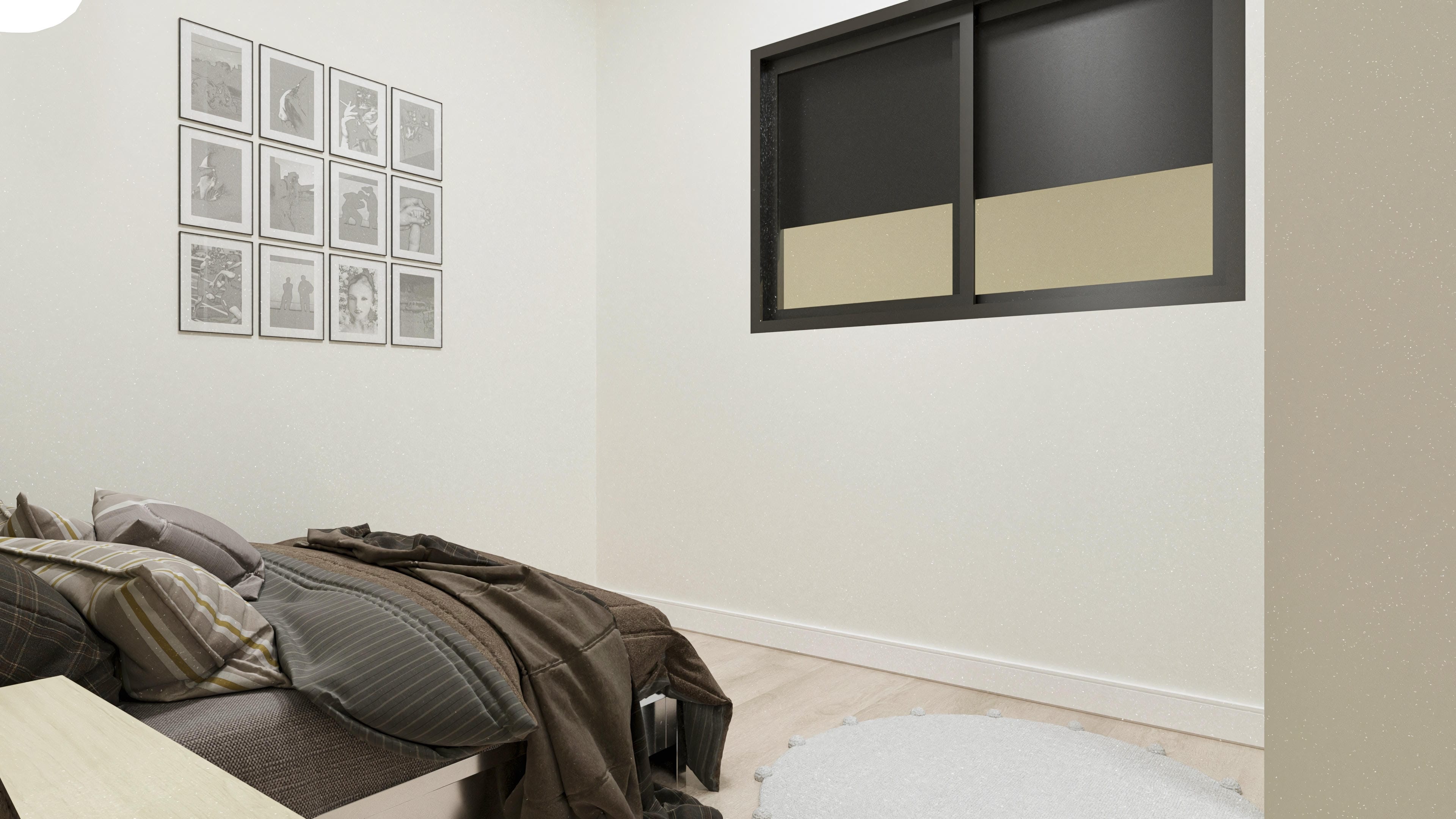 Ambiente interno con decoración minimalista, paredes claras y ventana moderna.