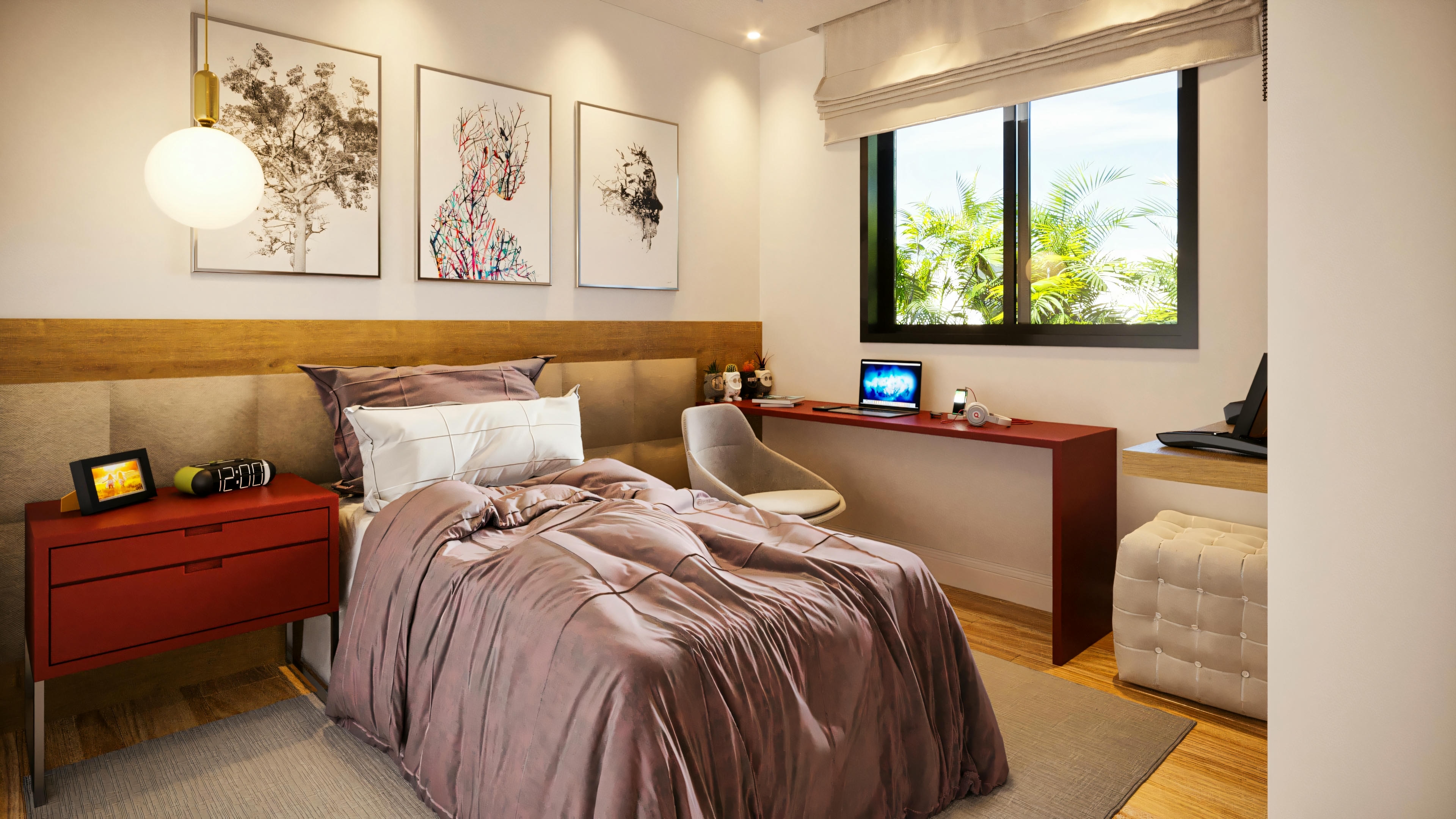 Quarto de suíte com cama de casal, enxoval em tons de malva, cabeceira de madeira, criado-mudo vermelho, bancada de estudos e janela com vista.