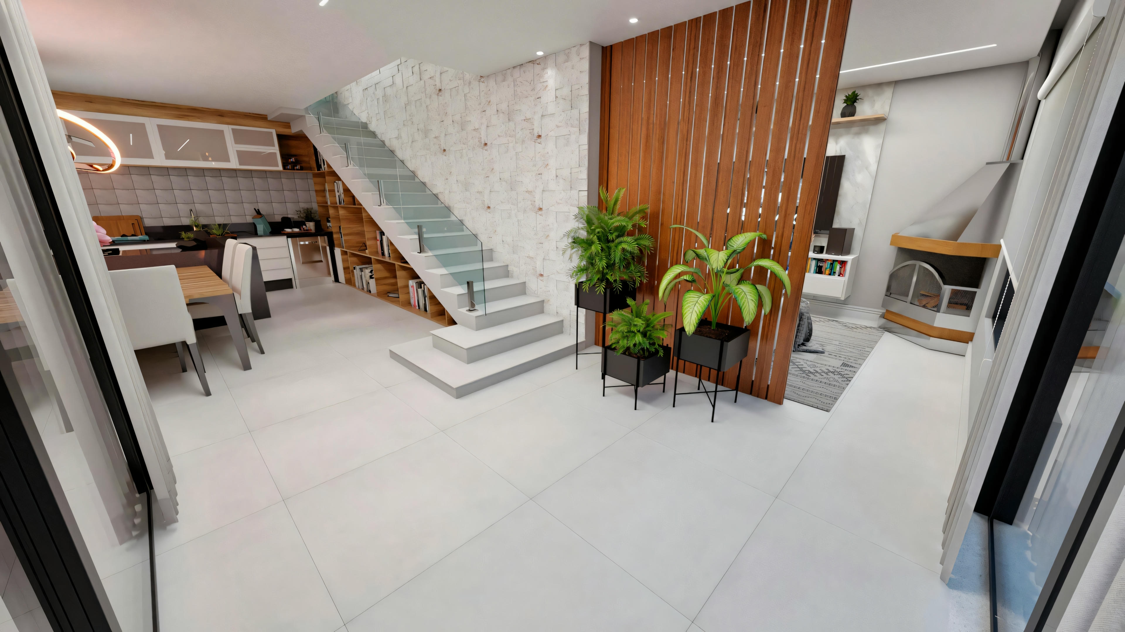Espacio de estar contemporáneo com sofá, sillas, plantas y elementos de madera que contribuem para uma atmosfera acolhedora.