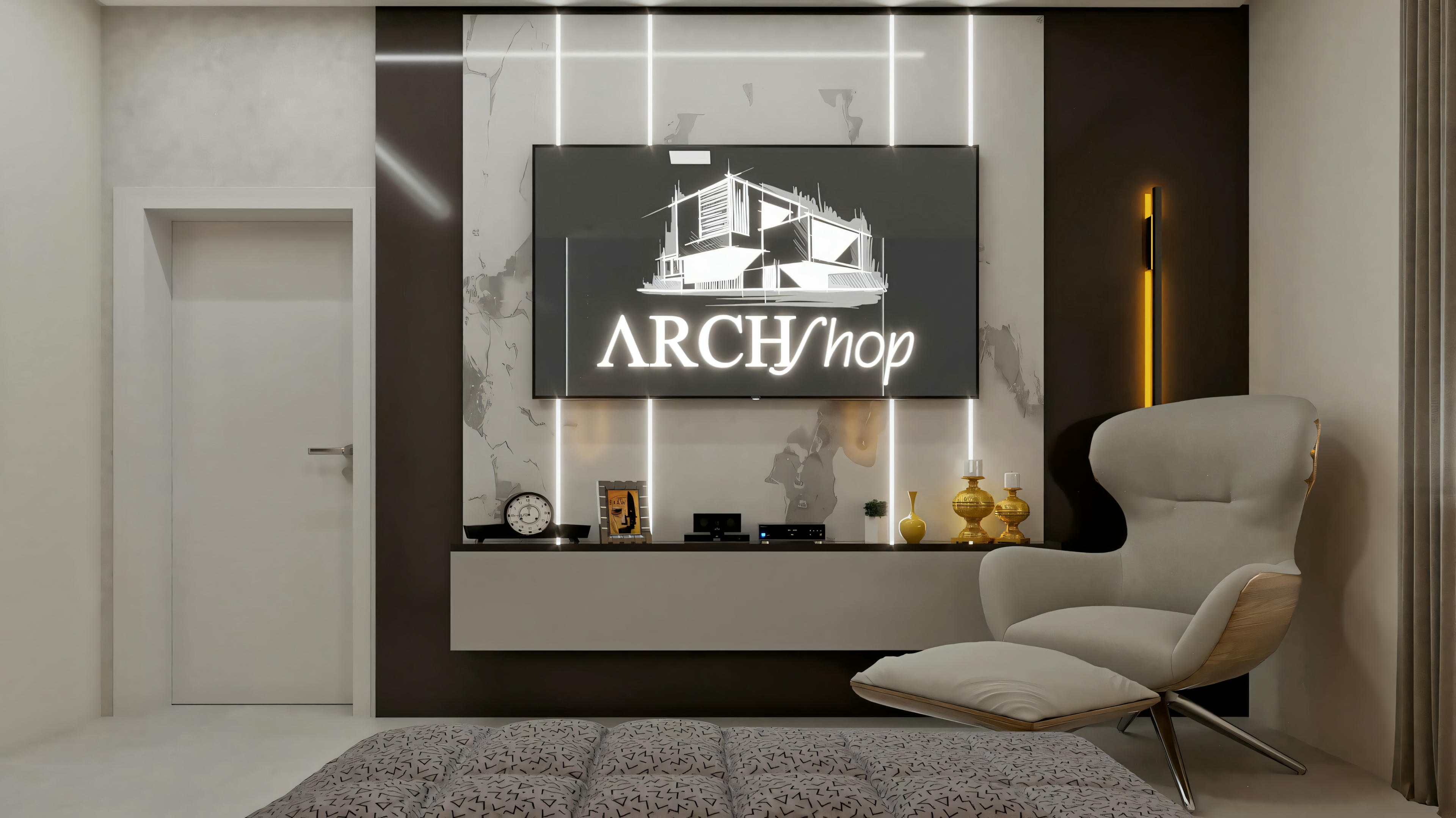 TV panel detail with built-in lighting and suspended rack in Archshop residential project suite. Modern design complemented by comfortable reading armchair. Integral part of this ready-made project with 3 bedrooms (suites).