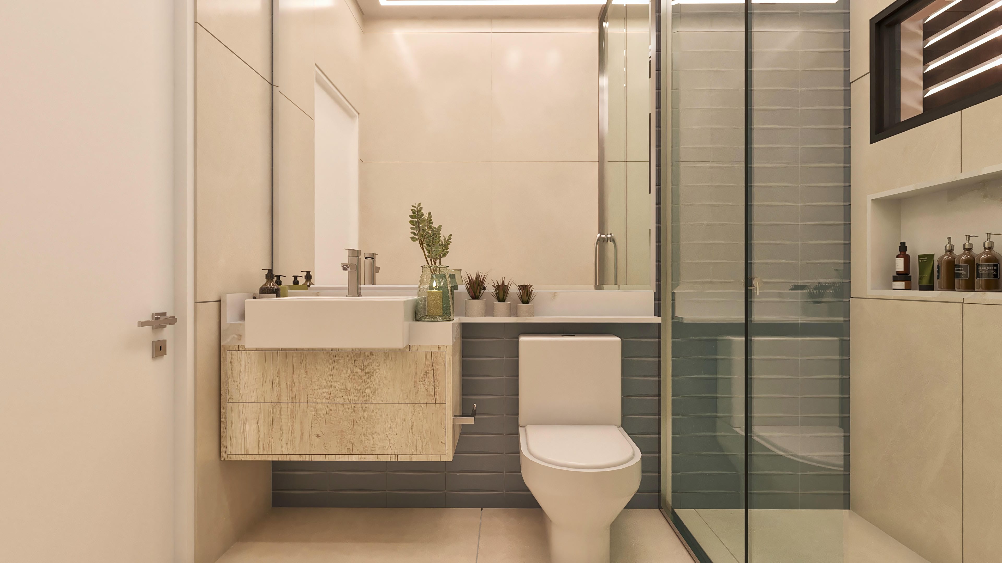 Internal view of a modern bathroom, with a marble countertop, sculpted sink, light wood cabinets, and neutral-toned cladding. Shower stall with tempered glass doors and brushed metal details.