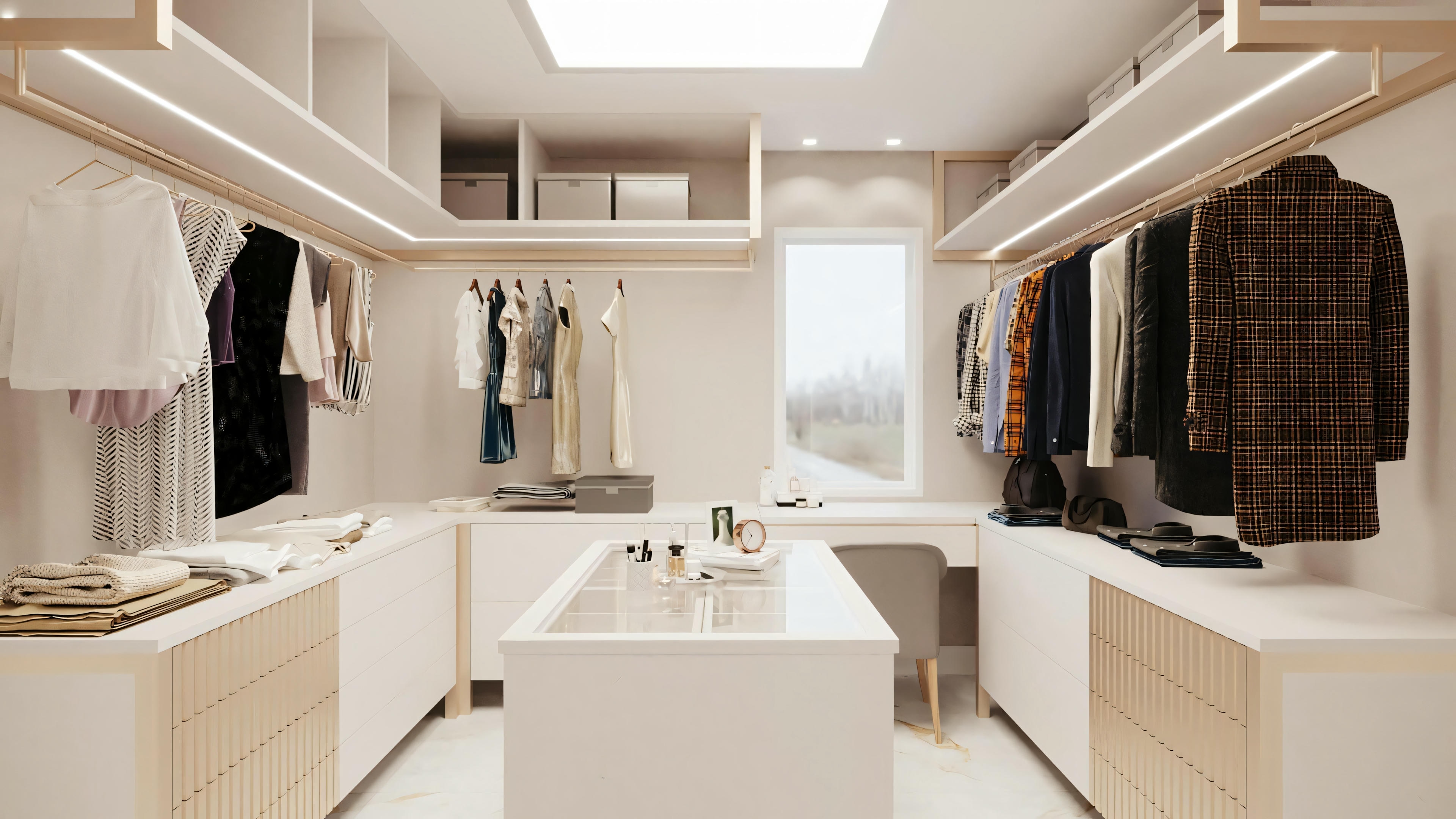 Vestidor de lujo en proyecto de casa con 4 suites, mostrando isla central, armarios abiertos con LED y espacio de tocador con ventana.
