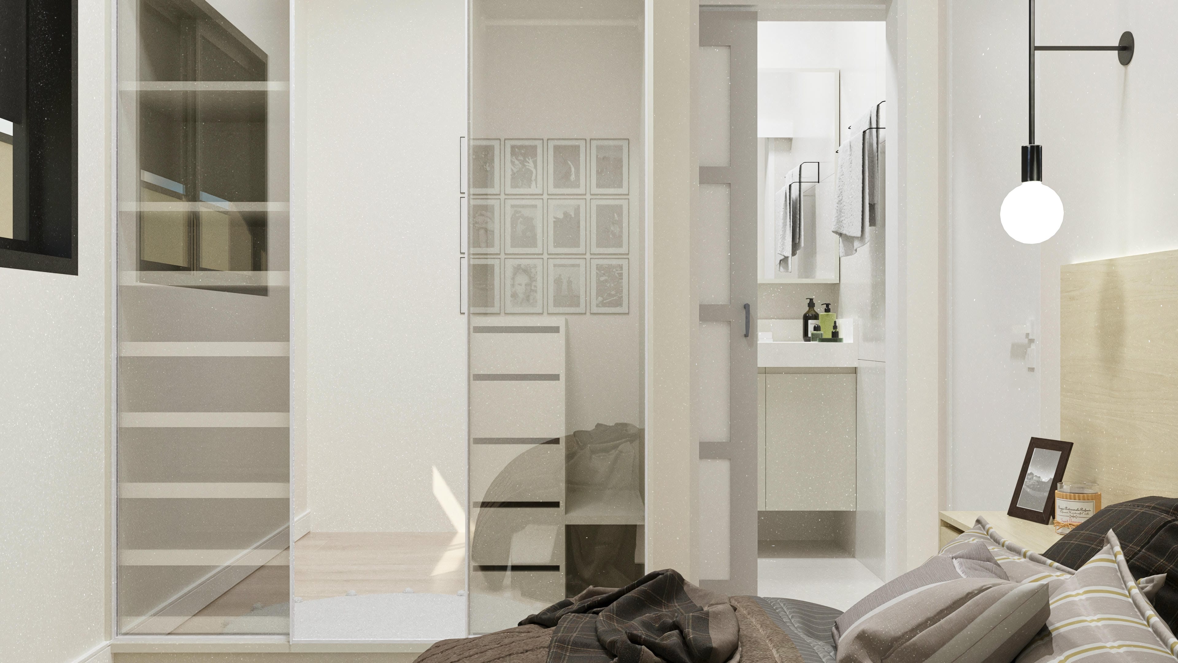 Interior de casa moderna con armario empotrado con puertas de cristal espejado, detalles en madera e iluminación suave.