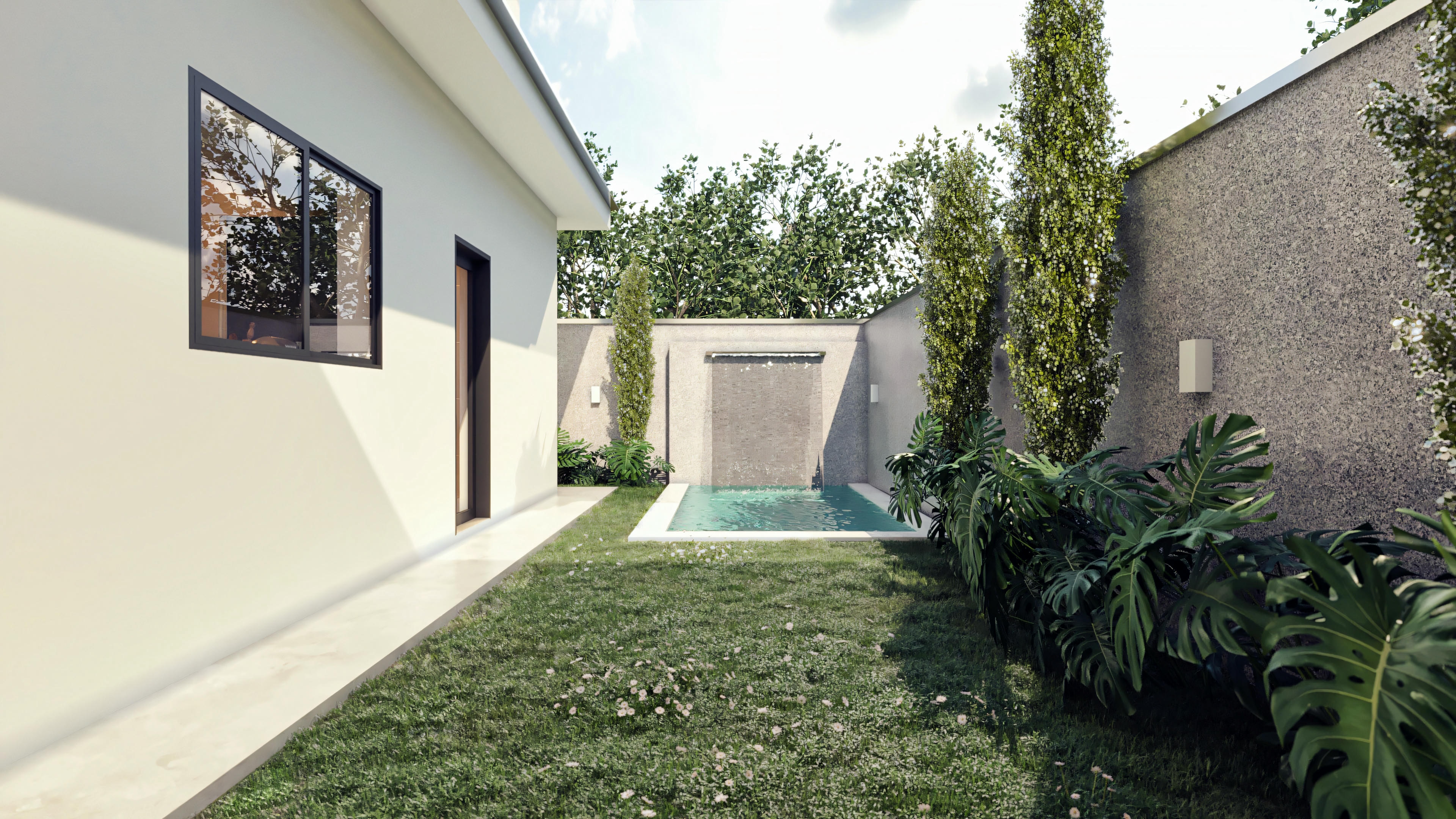 Landscaped backyard of a 4-bedroom modern two-story house, showing a pool with a waterfall feature on the back wall, landscaping with plants, and a textured wall.