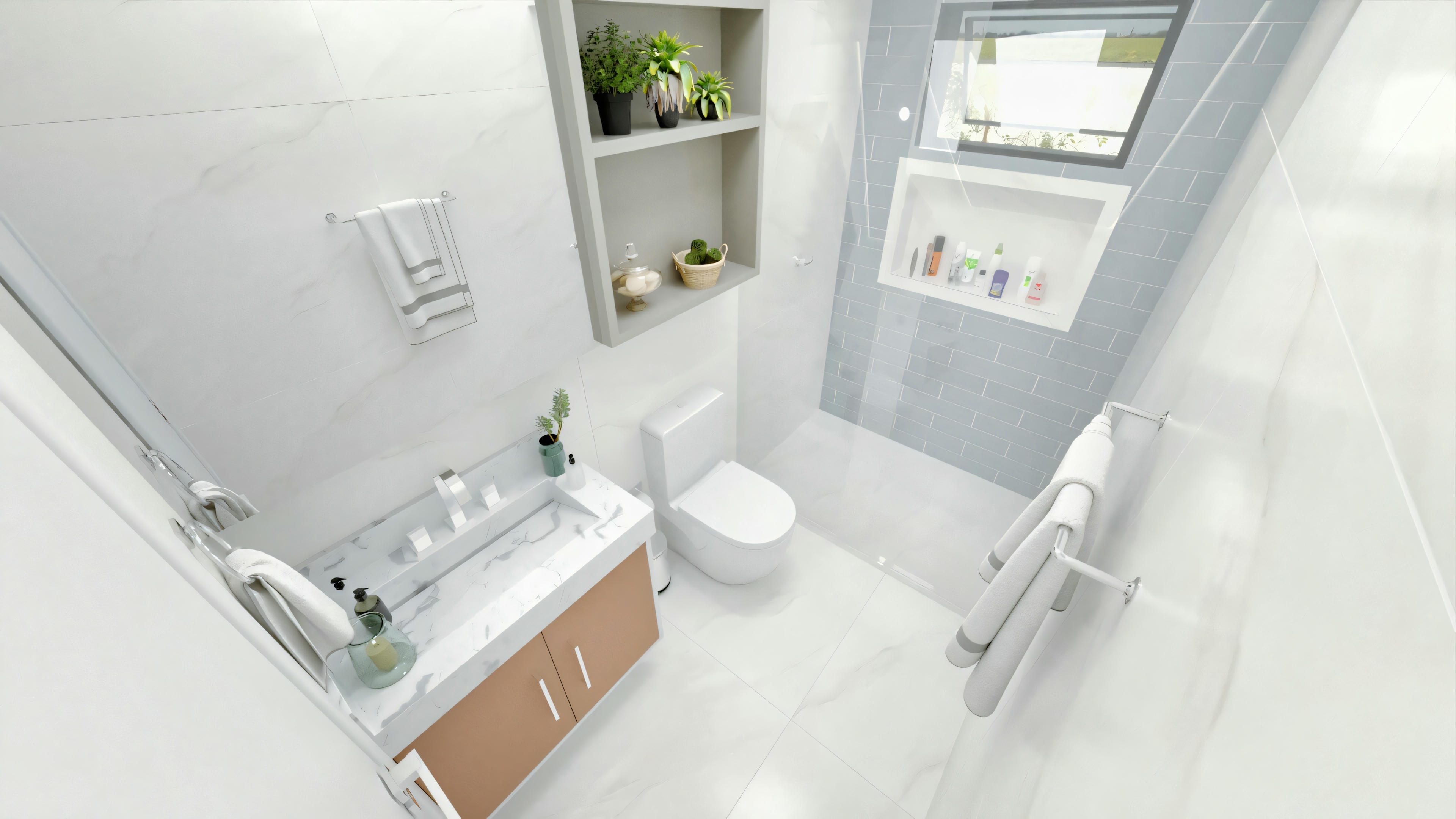 Un baño con inodoro, lavabo y espejo, con baldosas azul claro en las paredes.