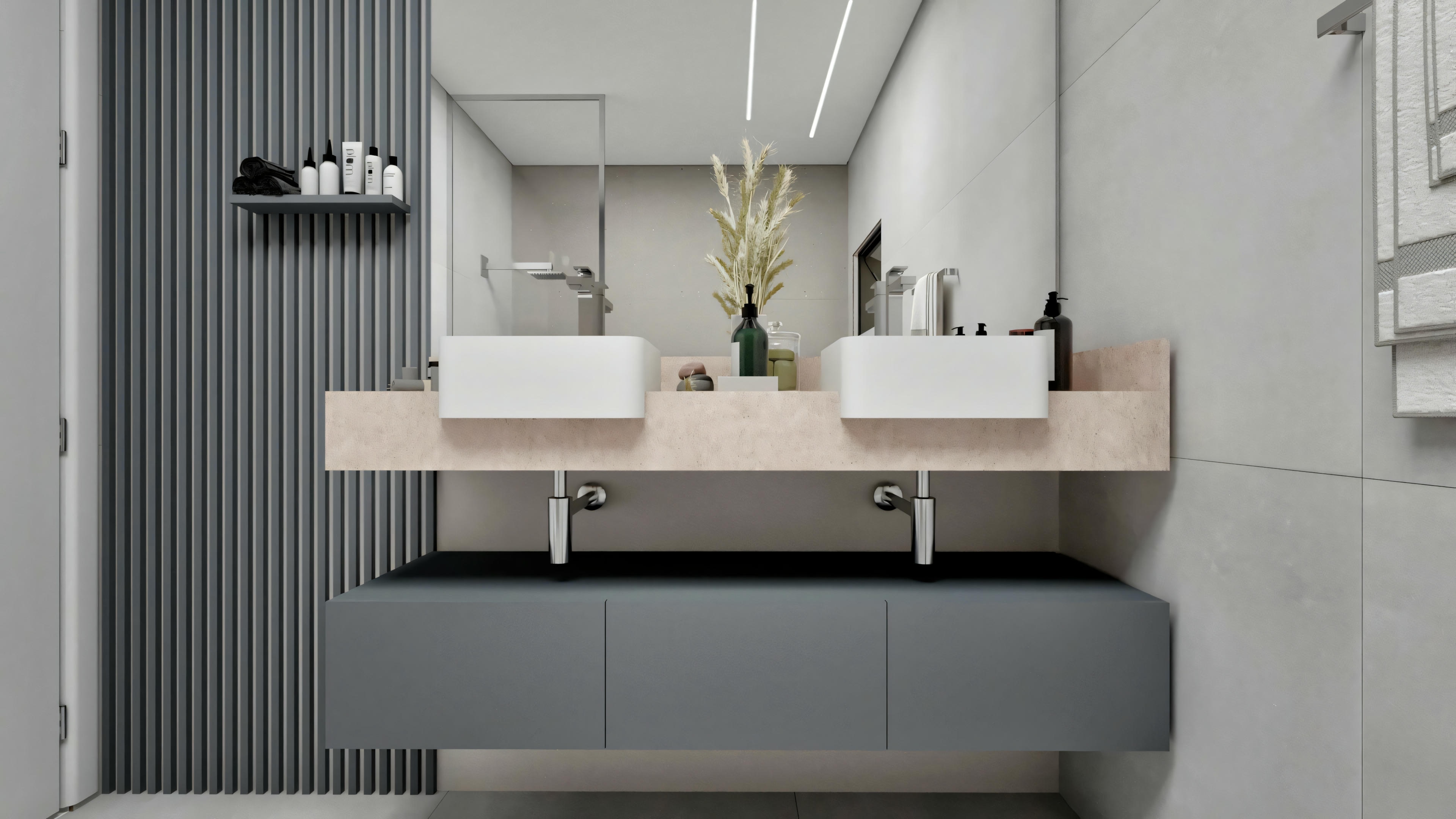 Baño moderno con espejo, lavabo y objetos decorativos en la encimera.