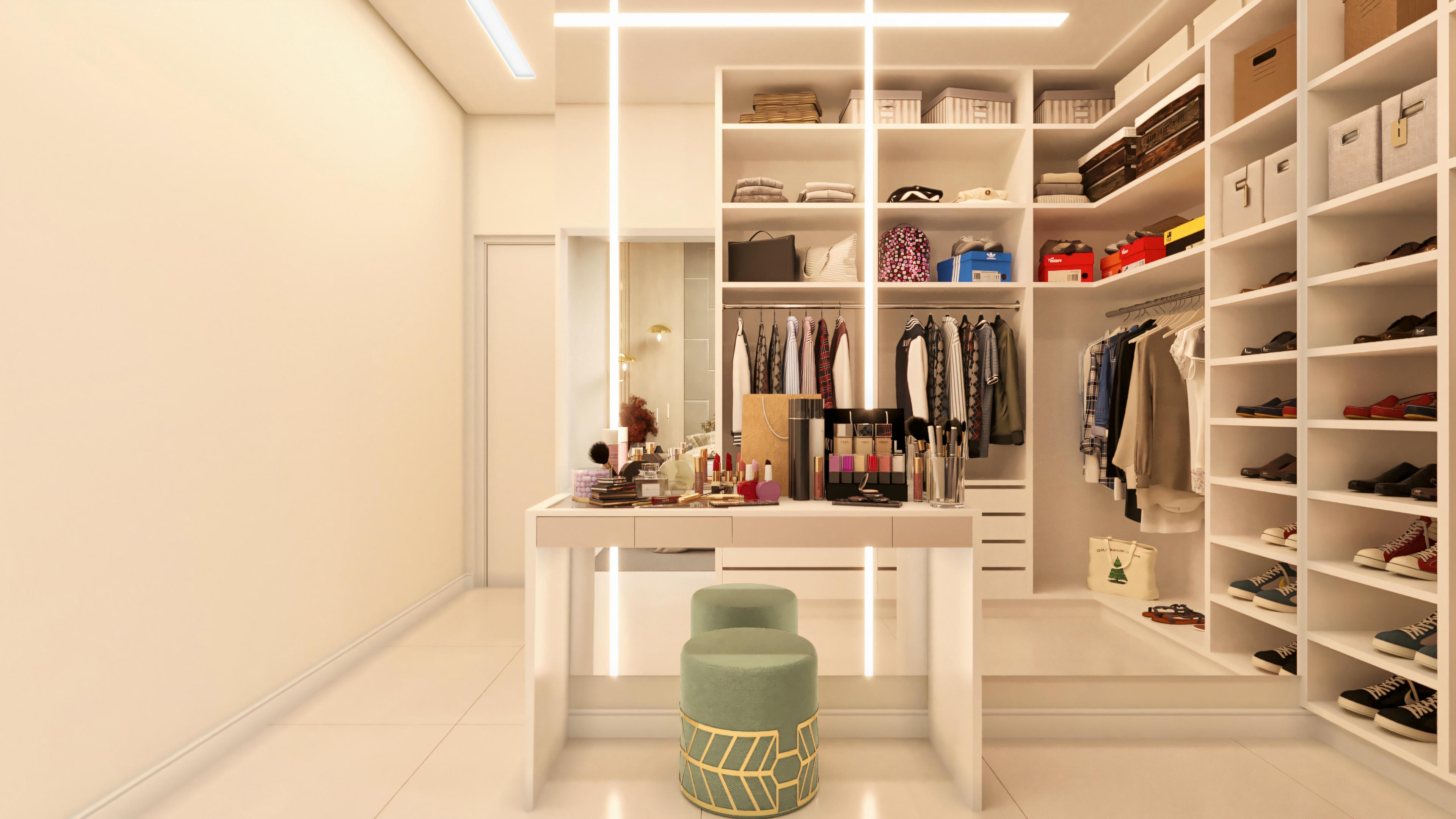 Closet project with dressing table with LED and mirror.