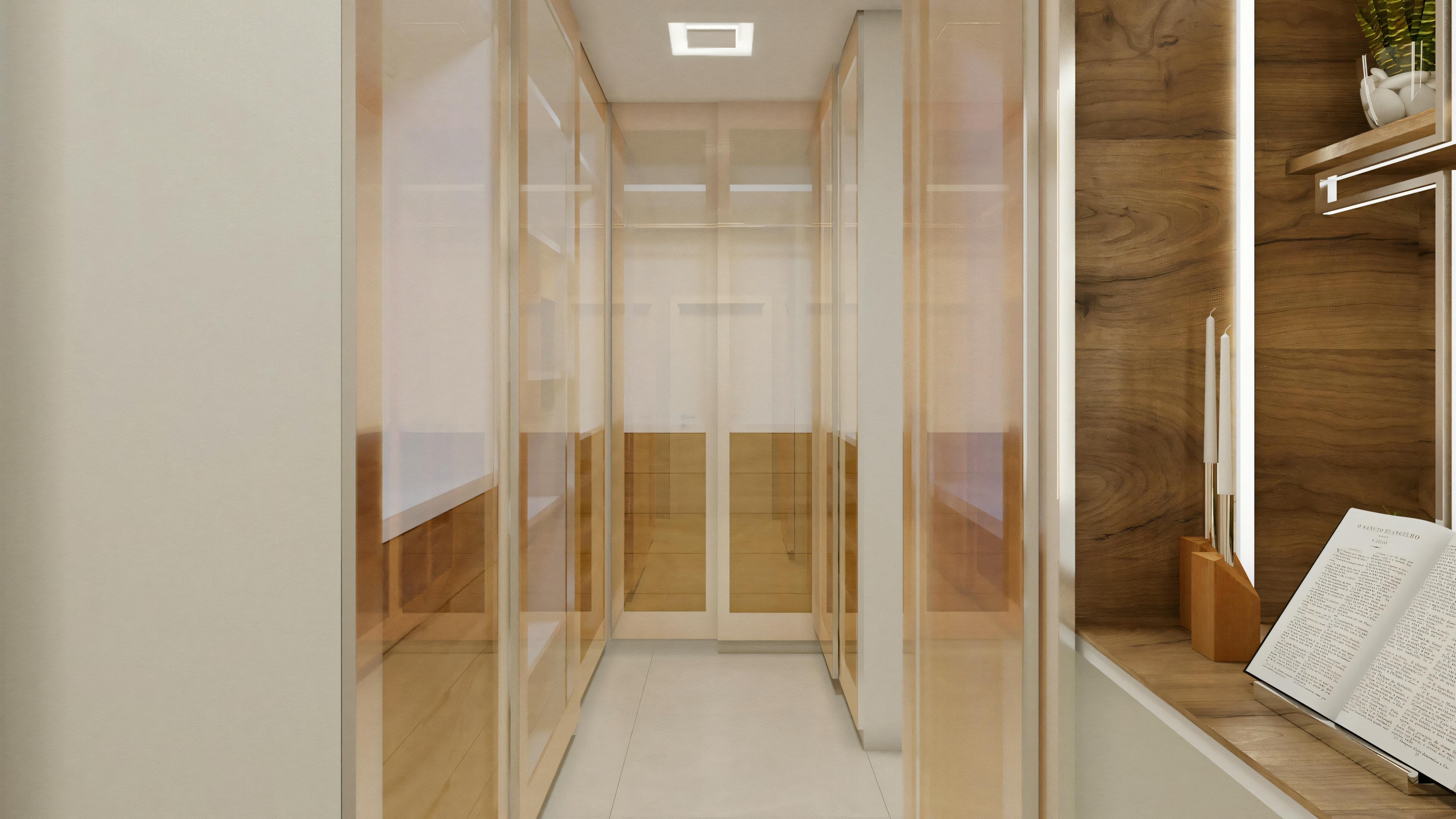 A closet with shelves and storage spaces for clothes and accessories, illuminated by recessed lights.