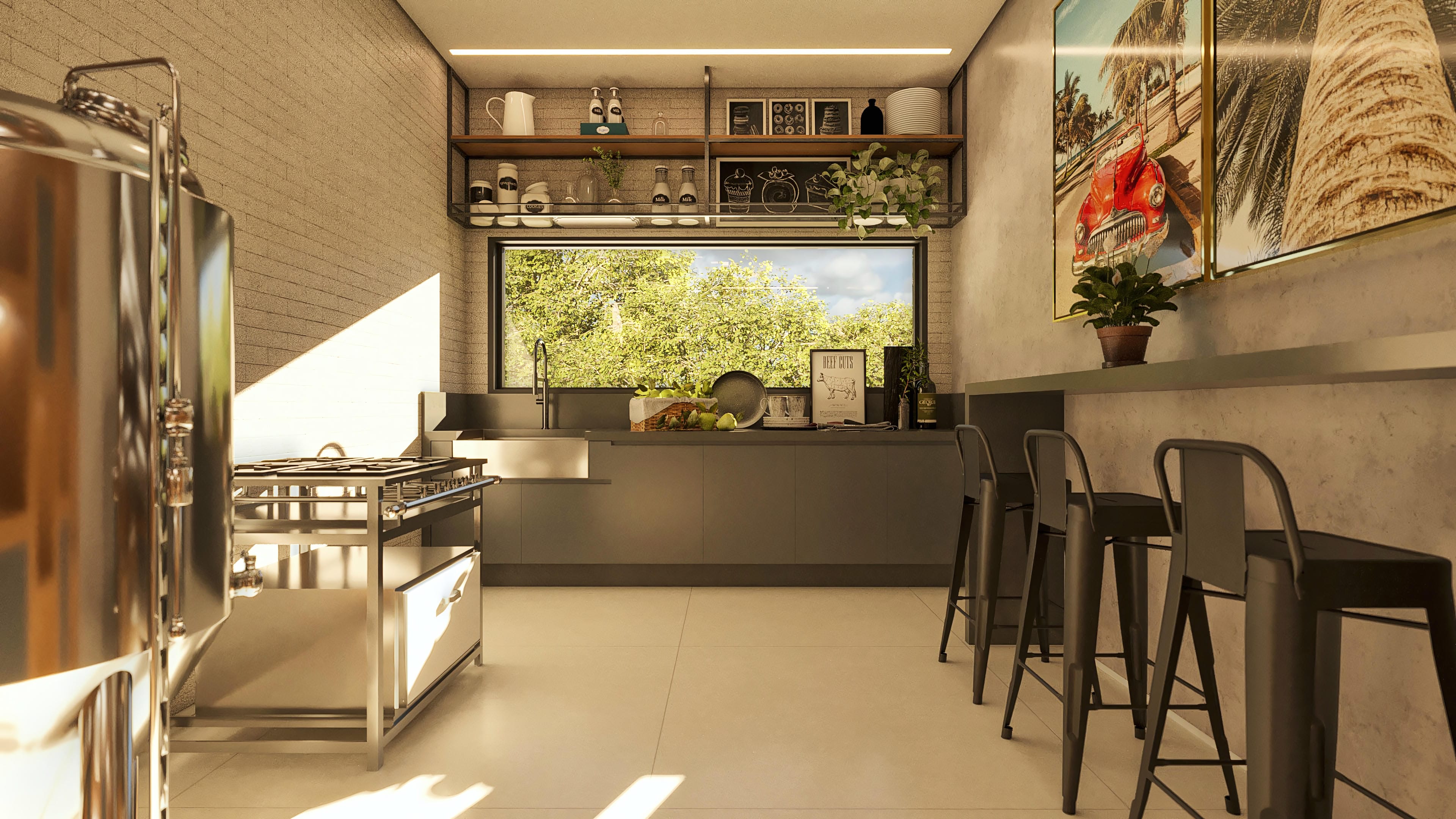Cocina gourmet moderna con encimera de hormigón visto, armarios en gris plomo y gran ventanal con vistas a la zona verde. Detalles en acero inoxidable e iluminación lineal.