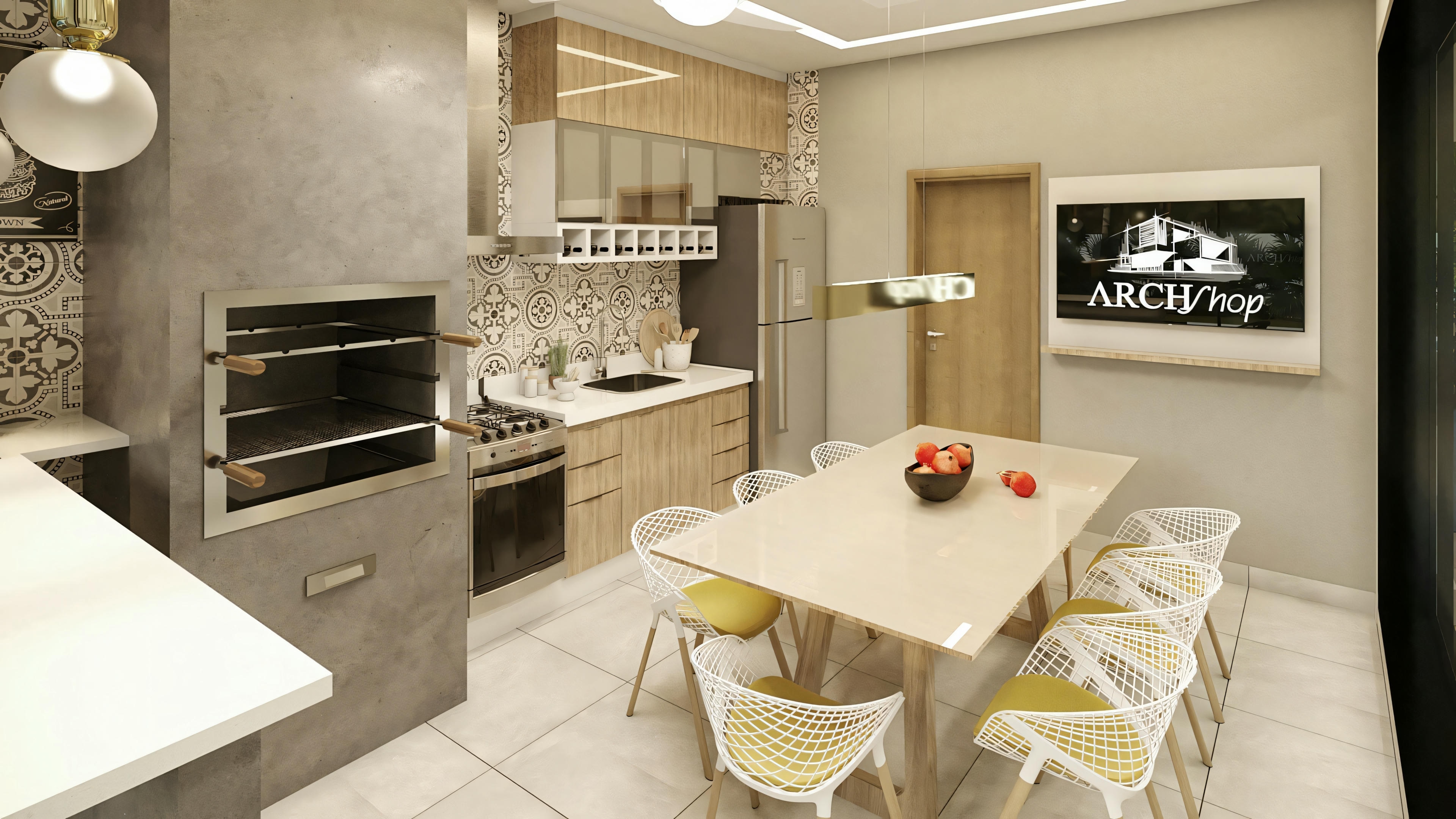 Una cocina moderna con mesa de comedor para cuatro personas, dos manzanas rojas en la mesa y varios electrodomésticos como horno, vitrocerámica y armarios.
