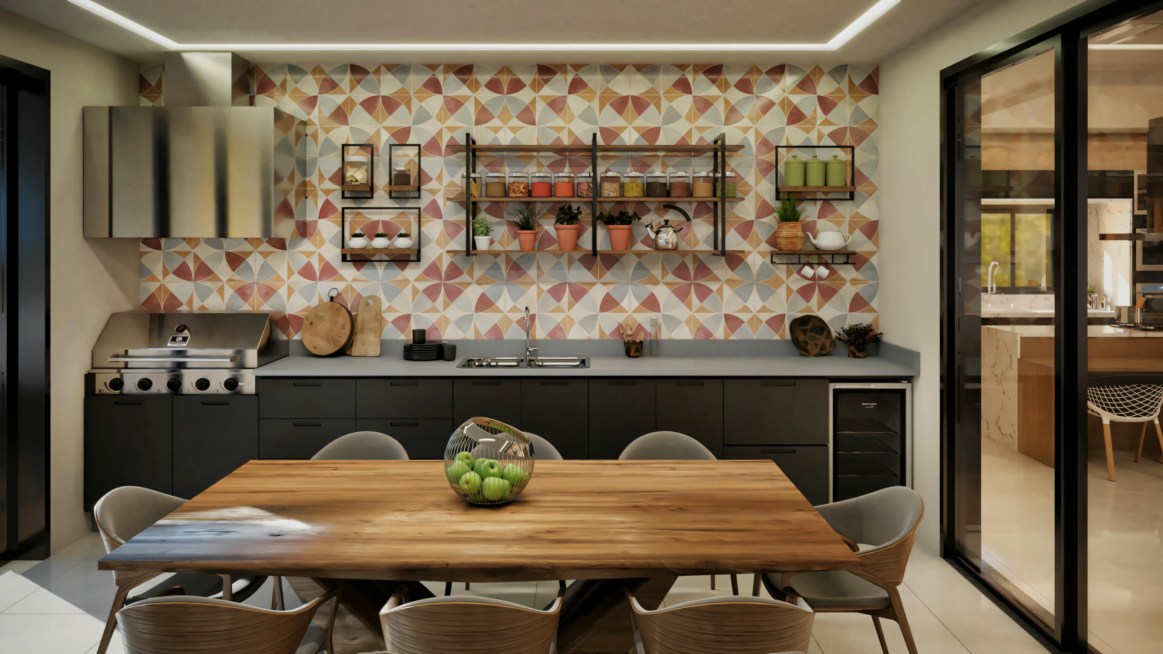 Un comedor con mesa para seis personas y elementos decorativos en la pared.