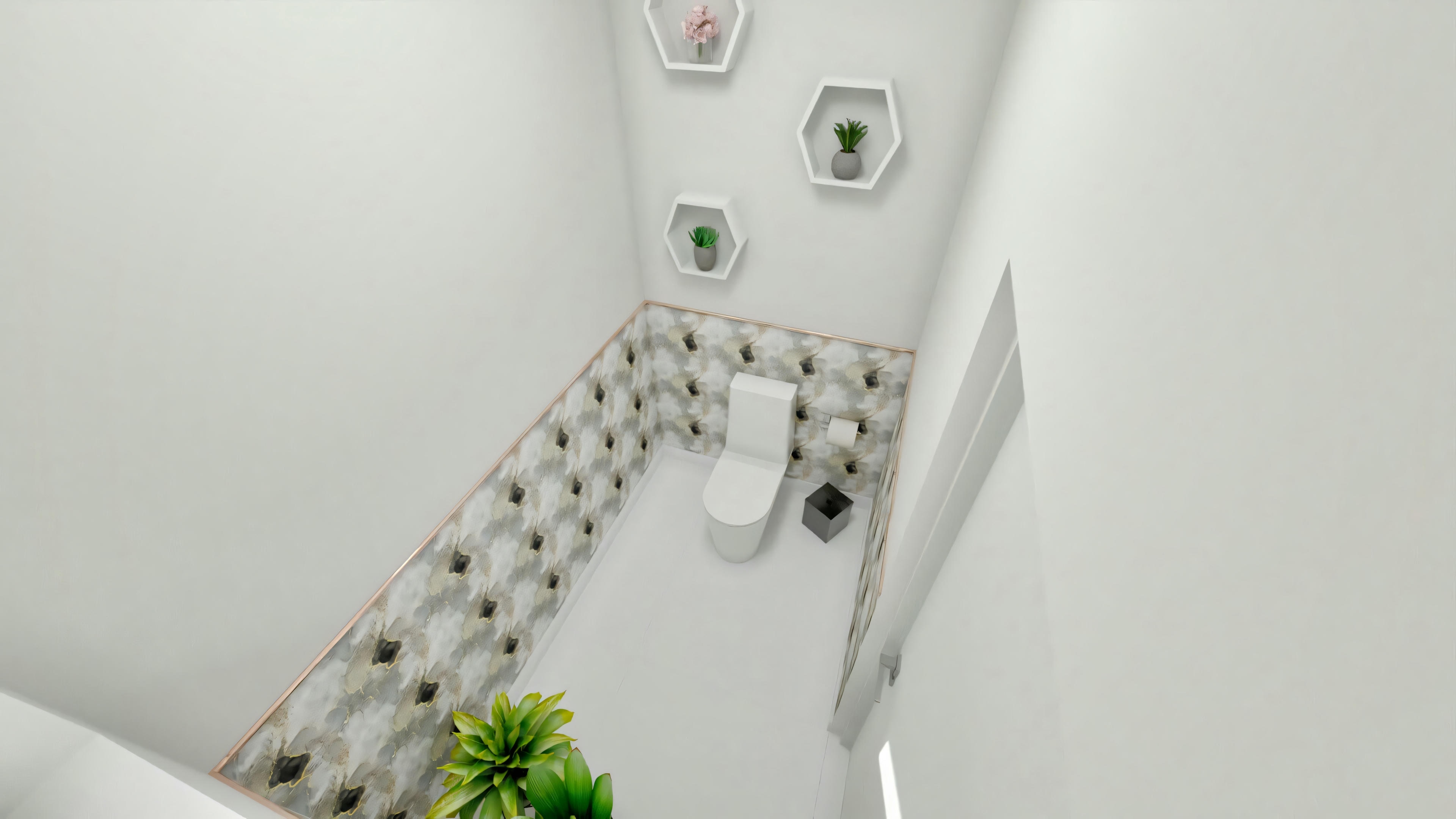 Top view of the powder room belonging to a ready-made project with 5 suites, showing the toilet, patterned walls, light flooring, and decoration with hexagonal shelves and plants.