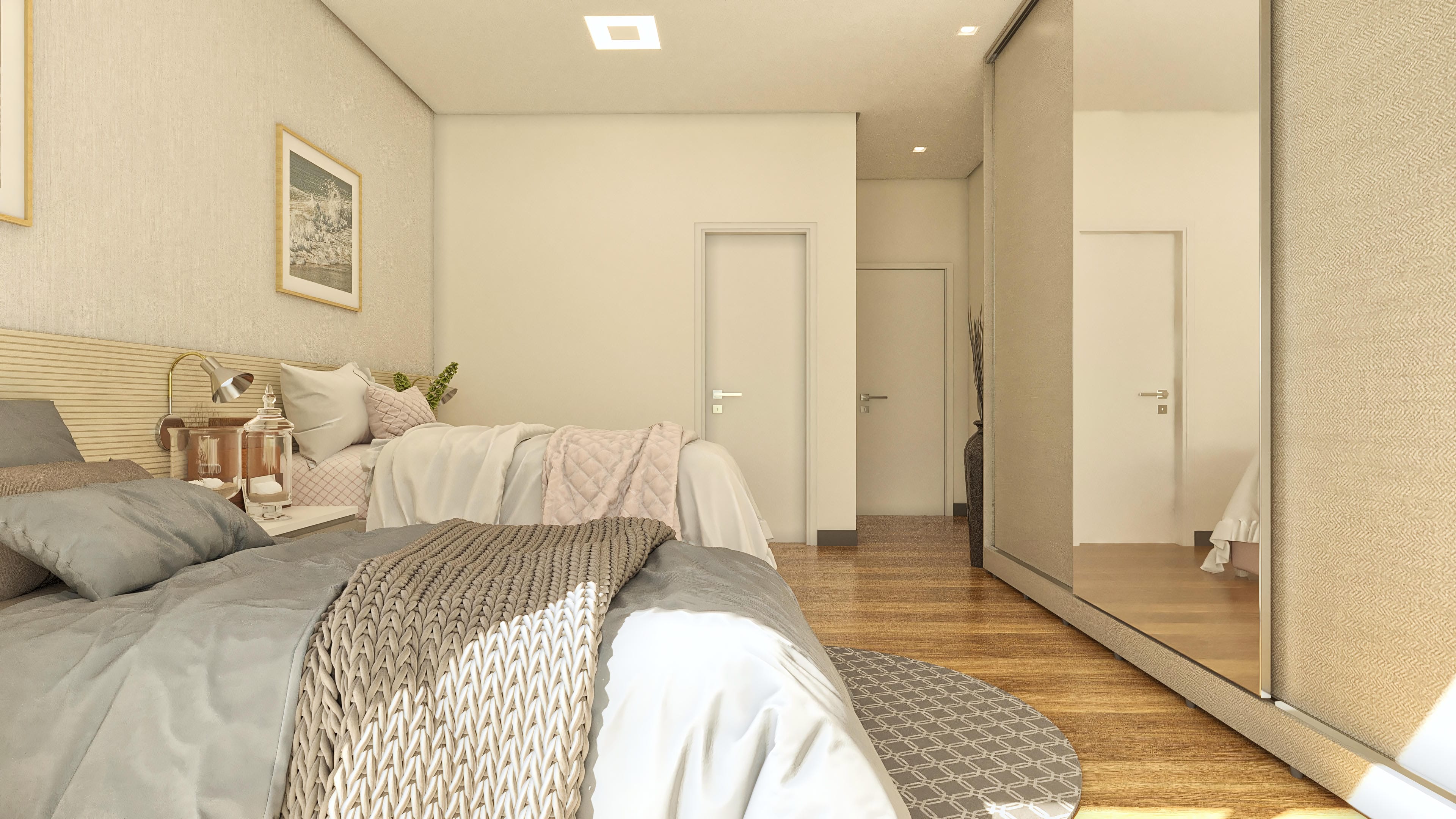Interior de una habitación con cama de matrimonio, paredes texturizadas en tonos neutros, iluminación empotrada y un amplio espejo.