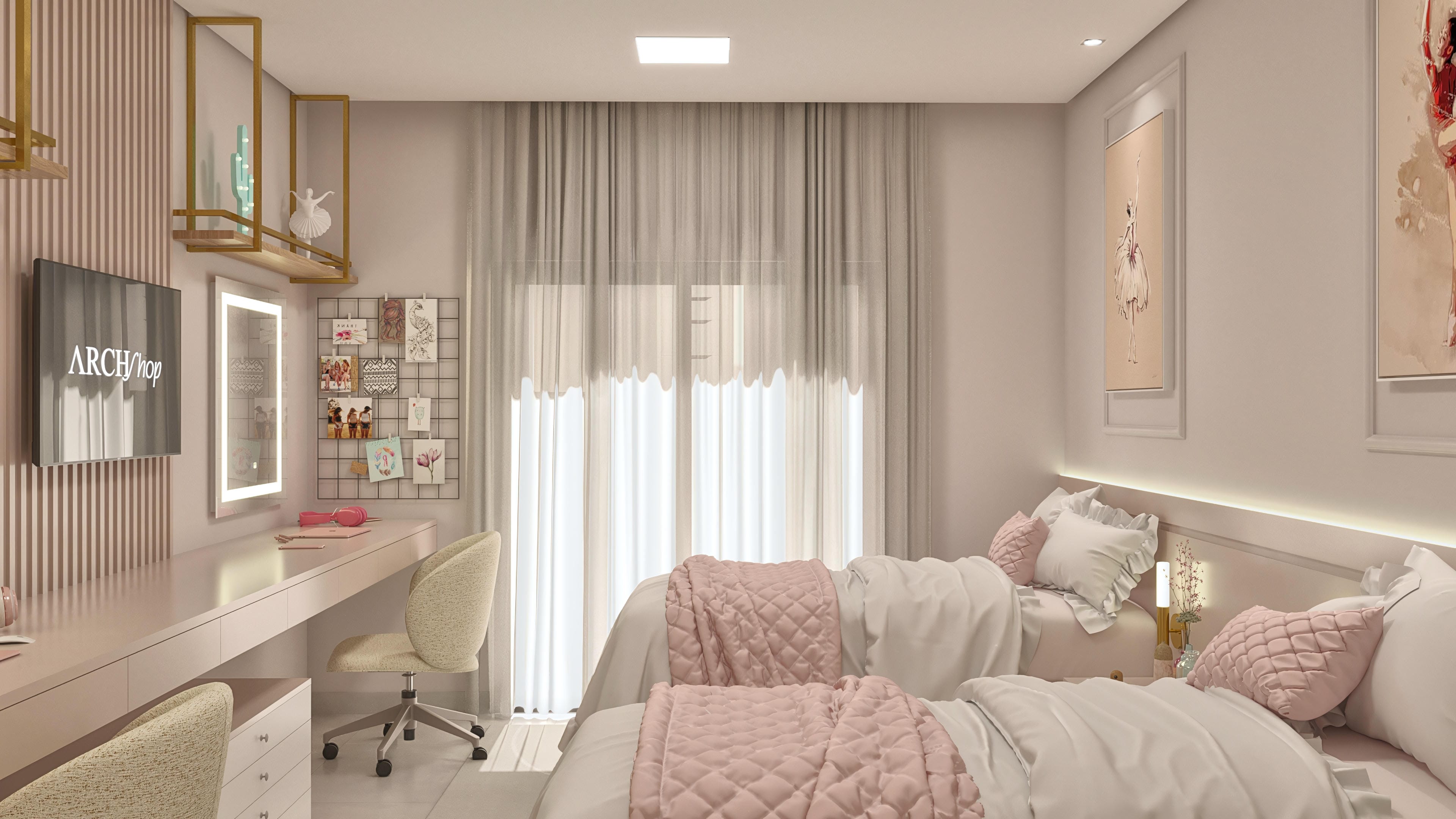 Interior de habitación con 2 camas individuales, tocador con espejo iluminado y decoración delicada en tonos pastel.