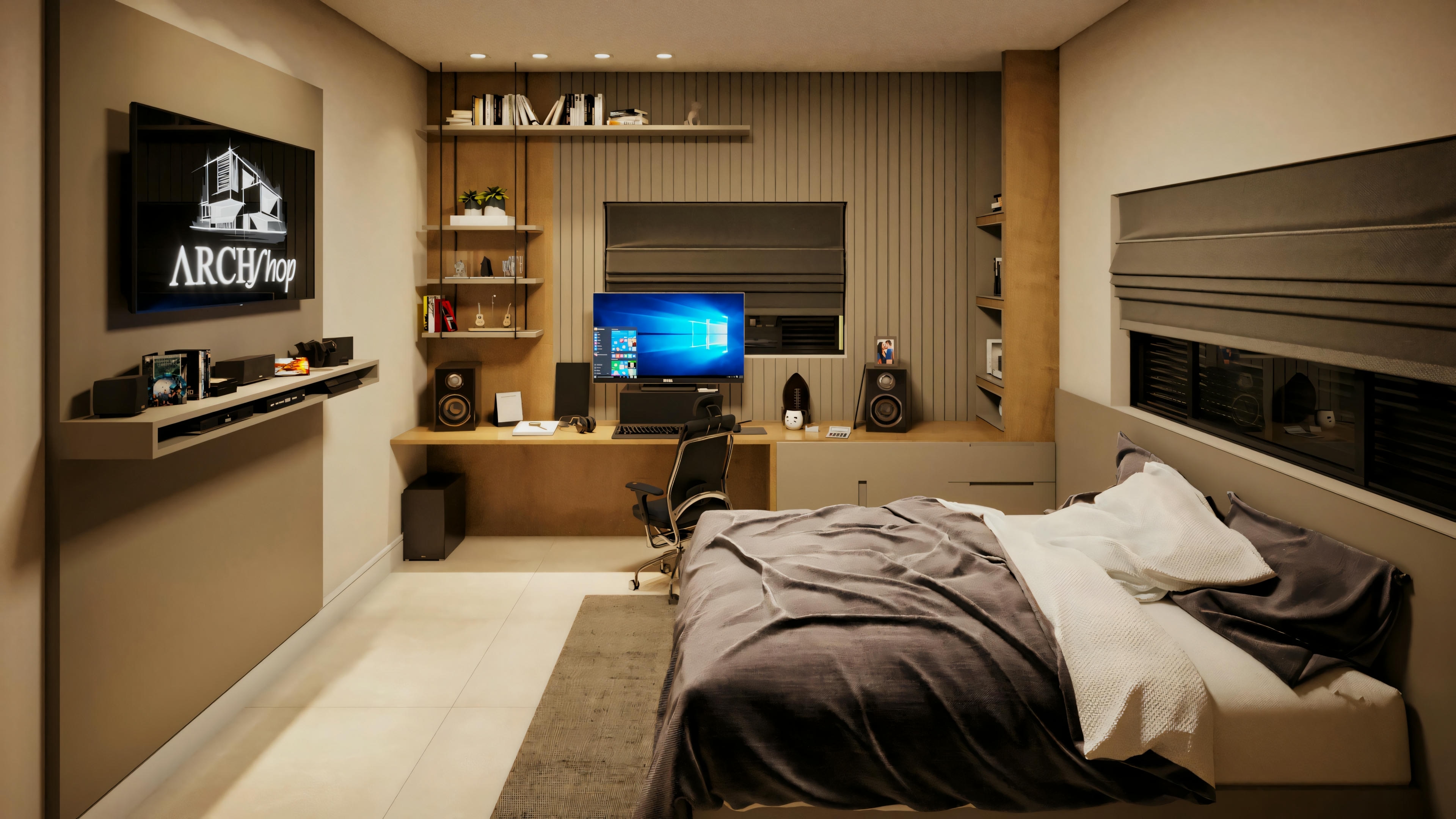 A home office with ambient lighting, desk, and computer.