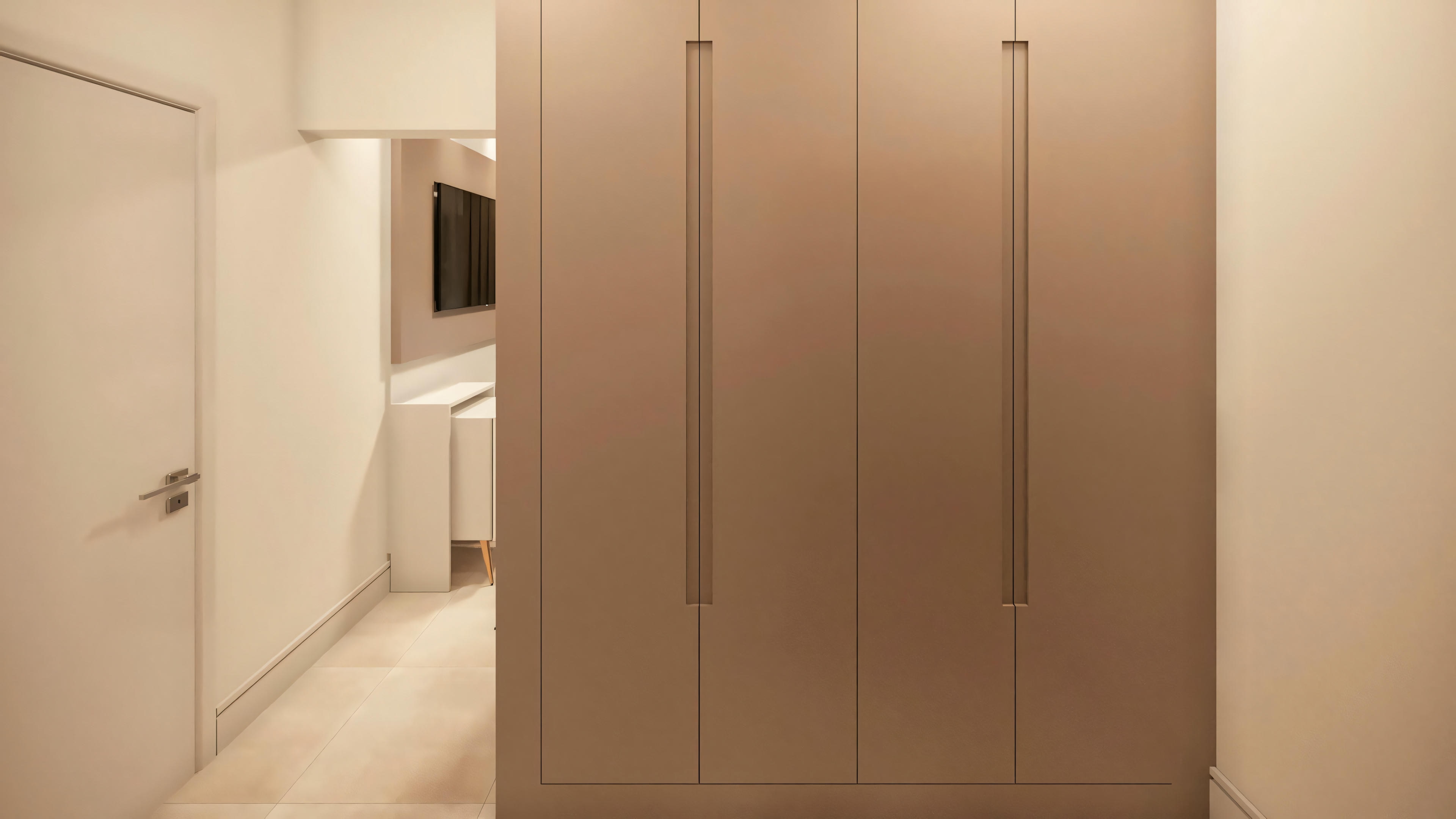 Interior hallway with beige walls and doors, possibly within a residential or commercial building.