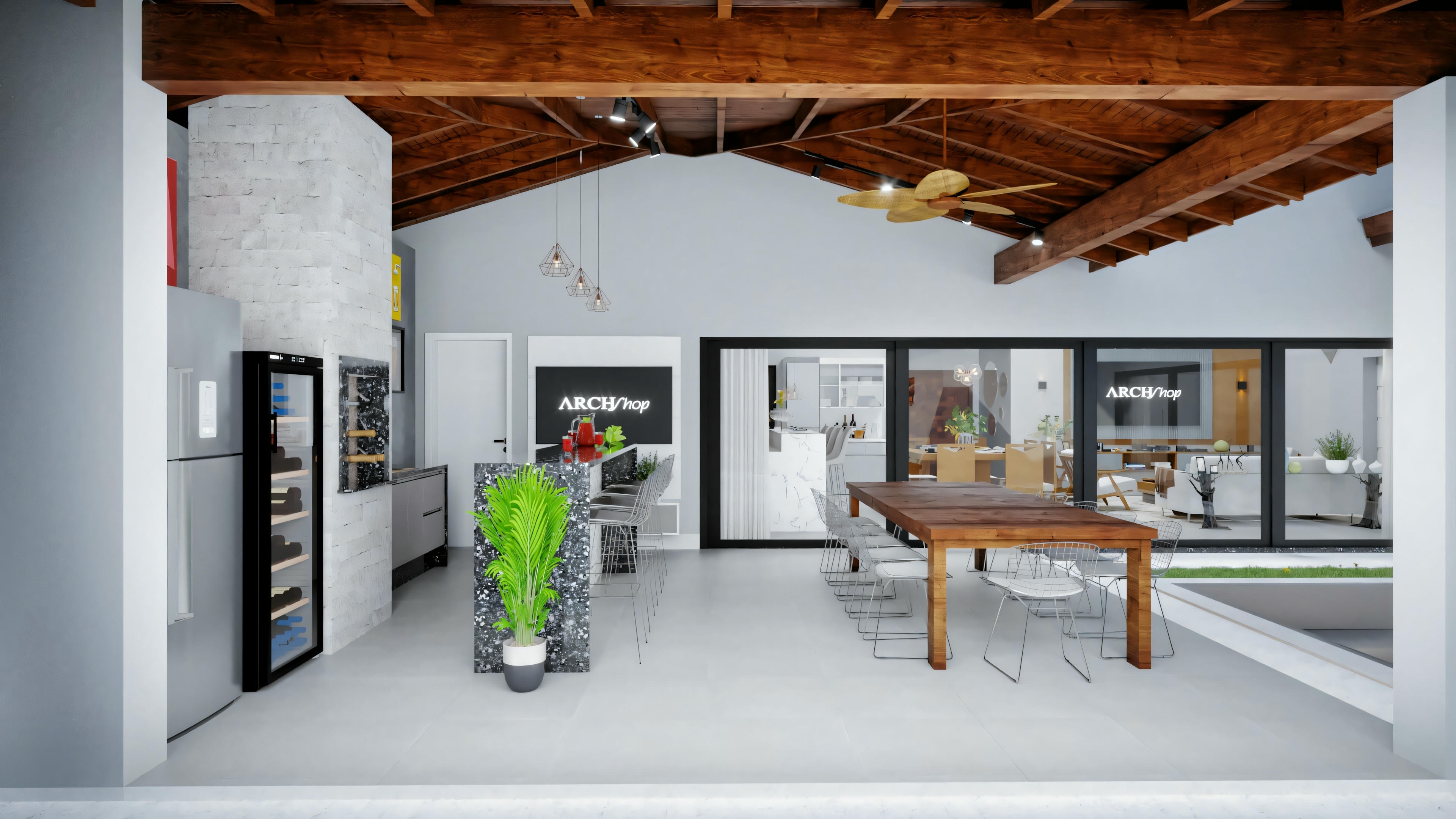 Kitchen with wooden beams on the ceiling, a center island with stools around it, and modern appliances.