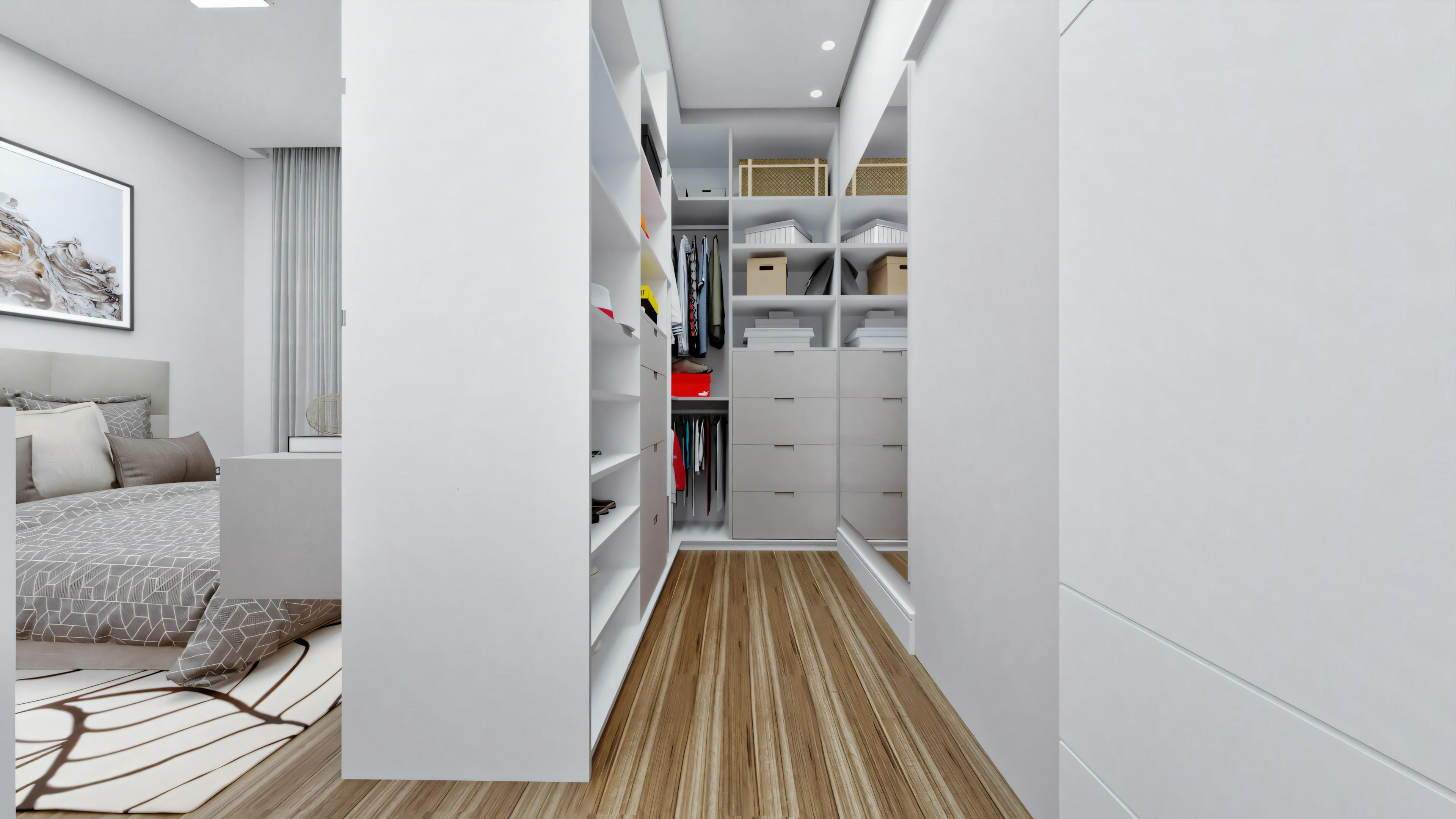 Interior view of a living space leading to a bedroom. The floor is wooden and the walls are white.