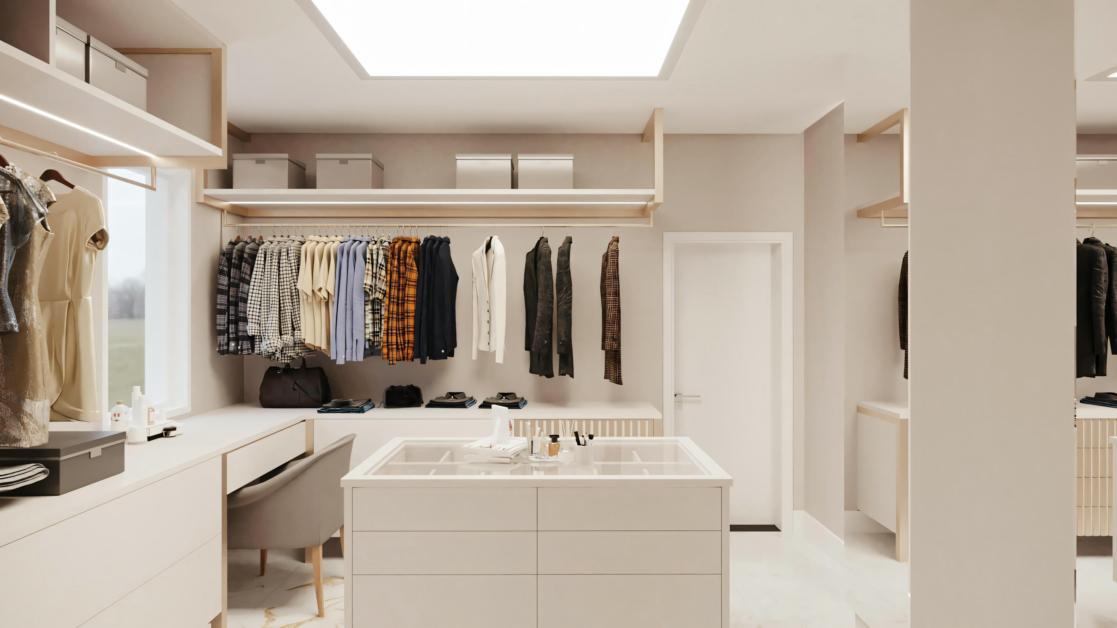 Interior of the master suite closet in a luxury house project, showing a central island, open wardrobes, and a vanity area.