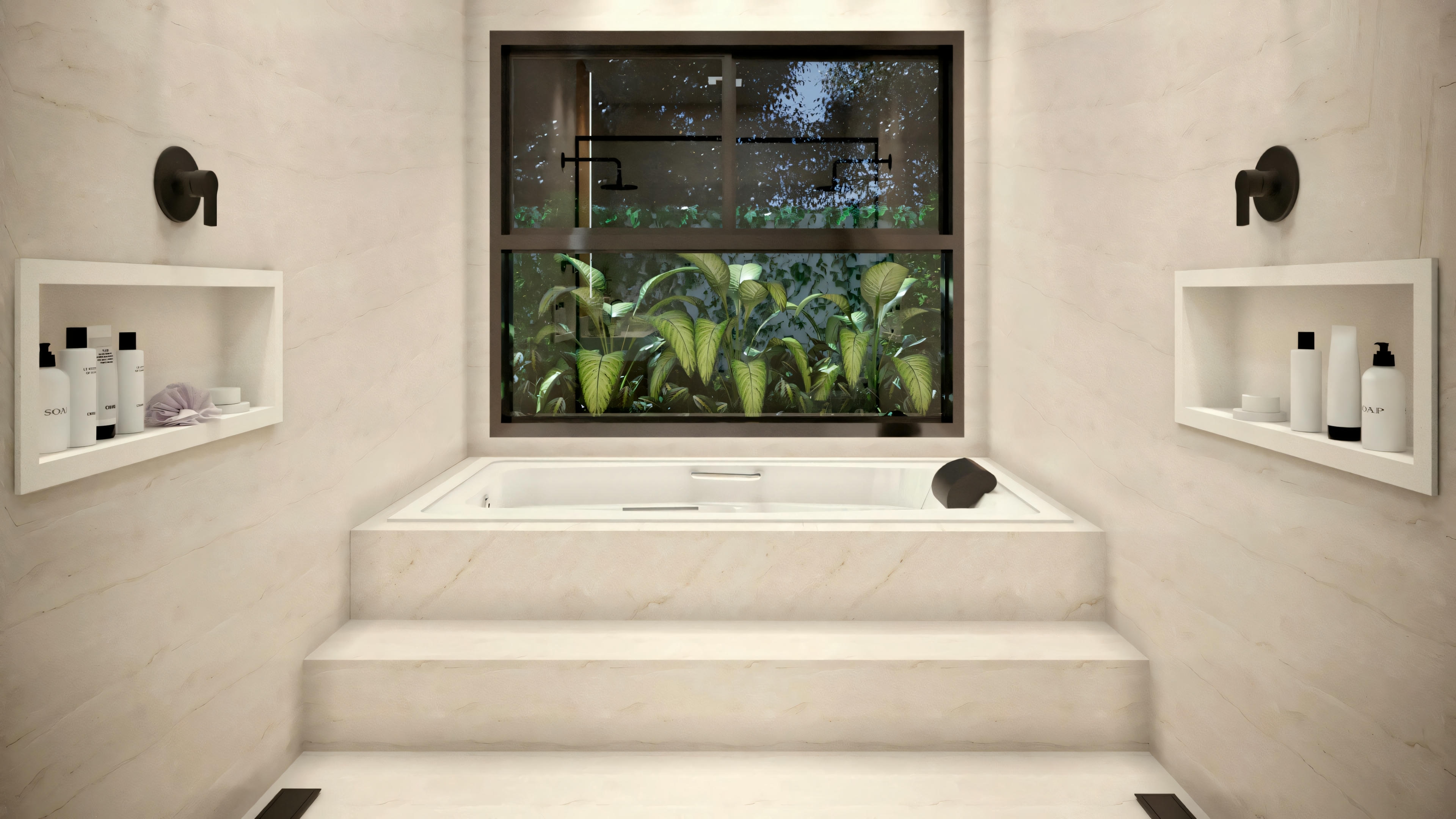 A modern bathroom with a built-in bathtub on a tiled platform. There is a large window above the tub that offers a view of green foliage, providing a natural and serene view.