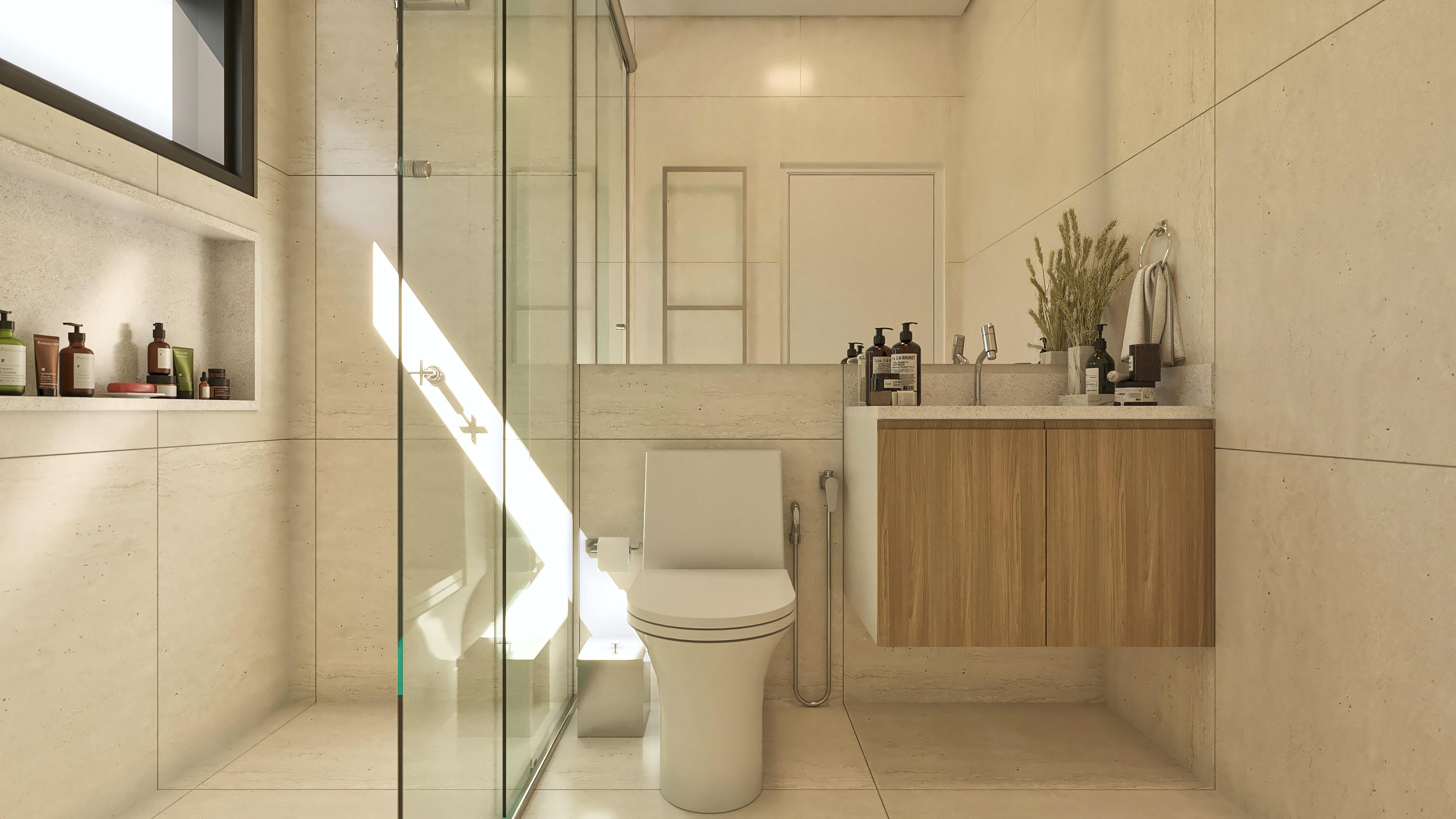 Modern bathroom interior with light stone finish, tempered glass shower box, countertop with vessel sink, and suspended wooden cabinet.