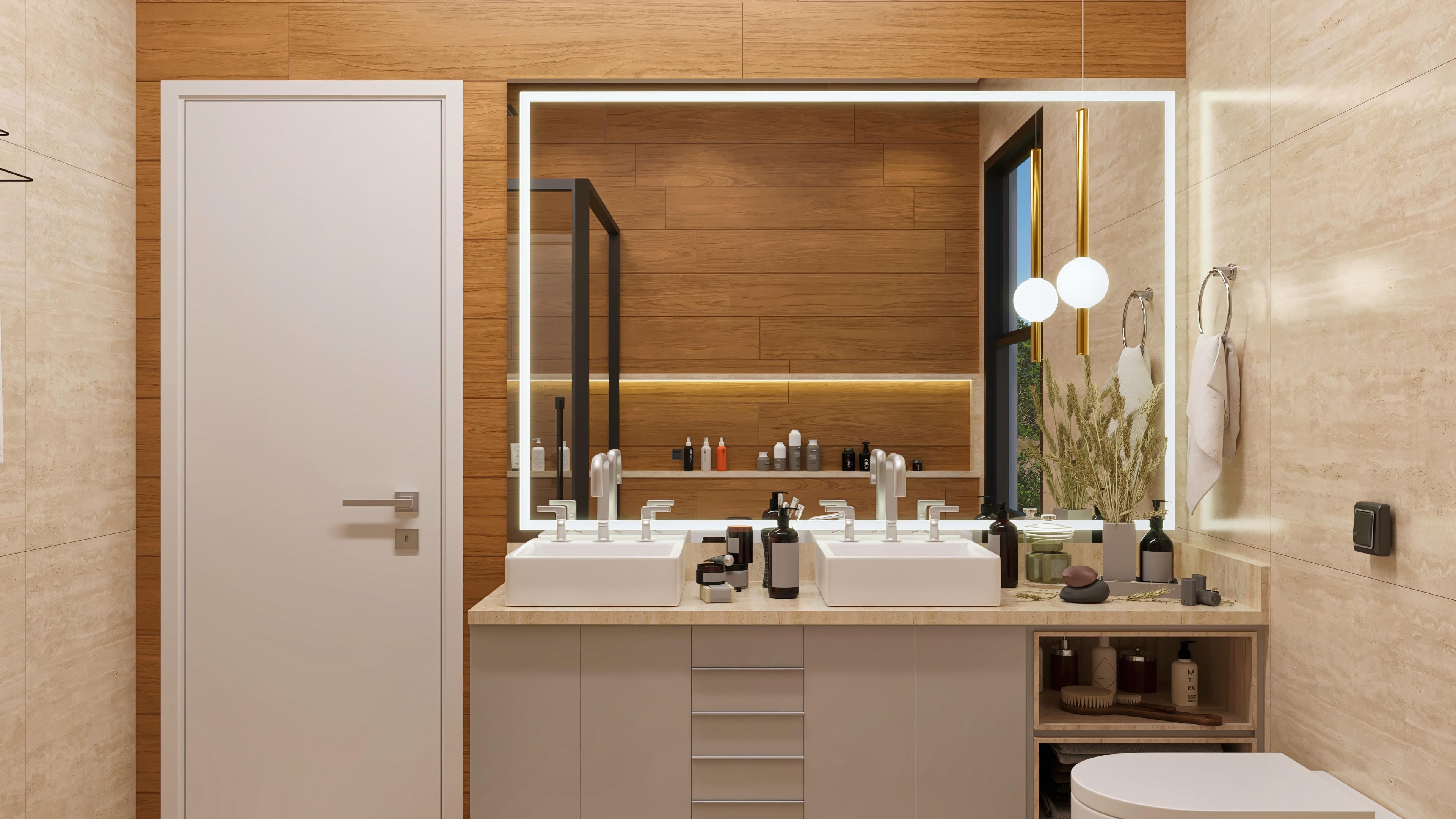 Bathroom countertop with two sinks, illuminated mirror, and wood cladding.