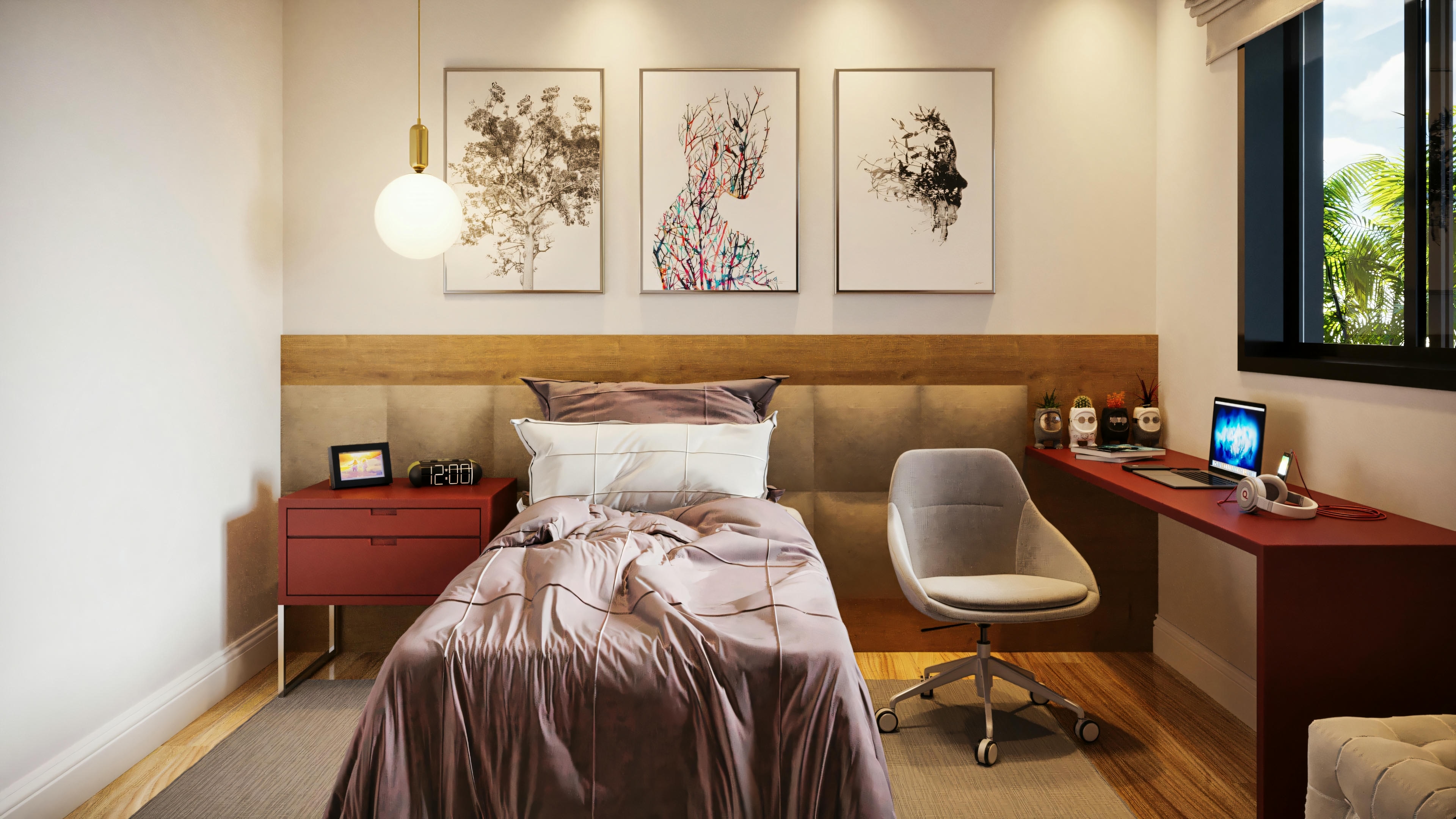 Suite bedroom with bed, wooden headboard integrated with red study desk, designer chair, artwork and modern pendant.