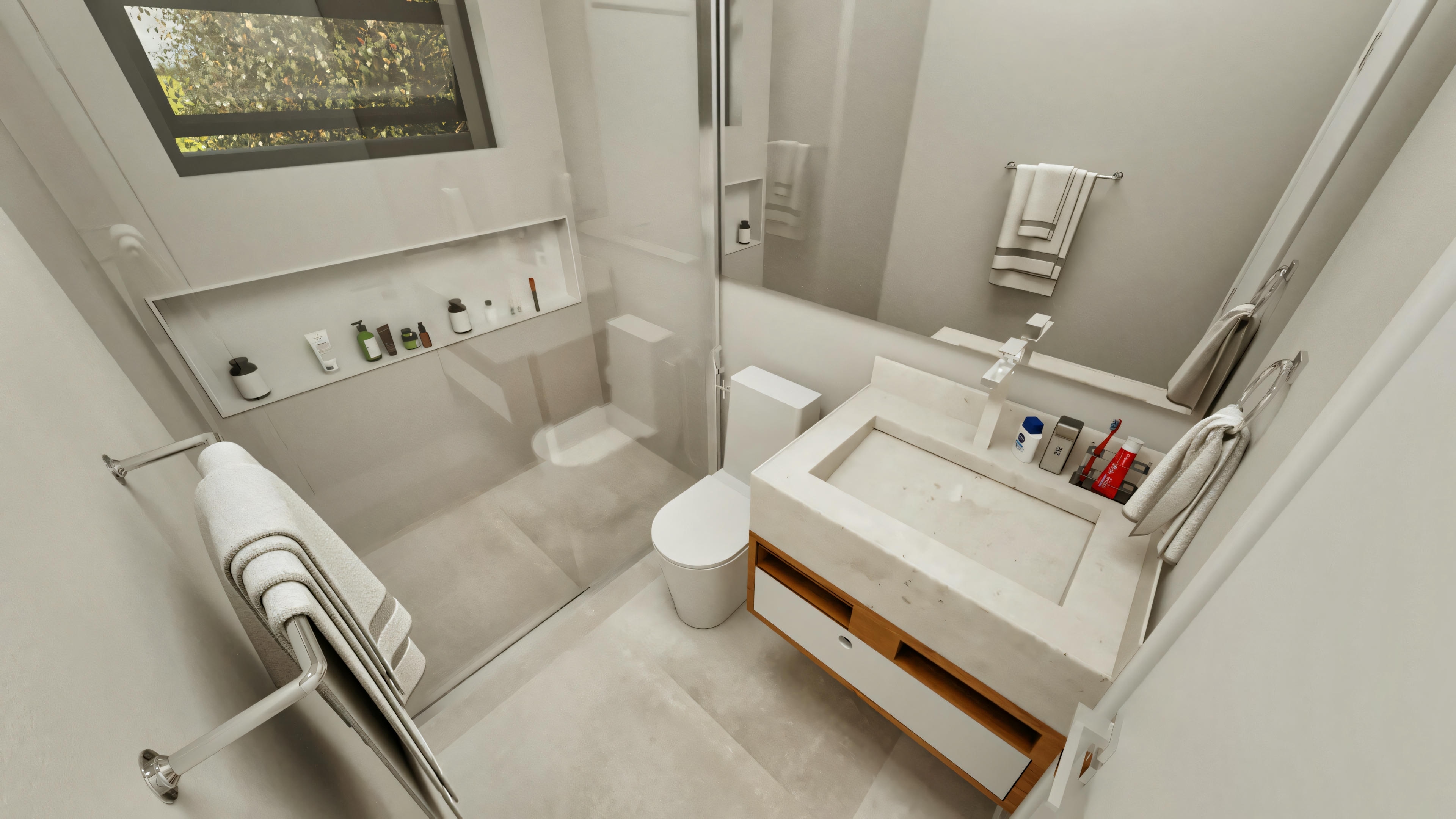 Full bathroom of a suite in a modern 4-suite ground floor house, displaying a marble countertop, shower stall with niche, and high window for lighting and ventilation.