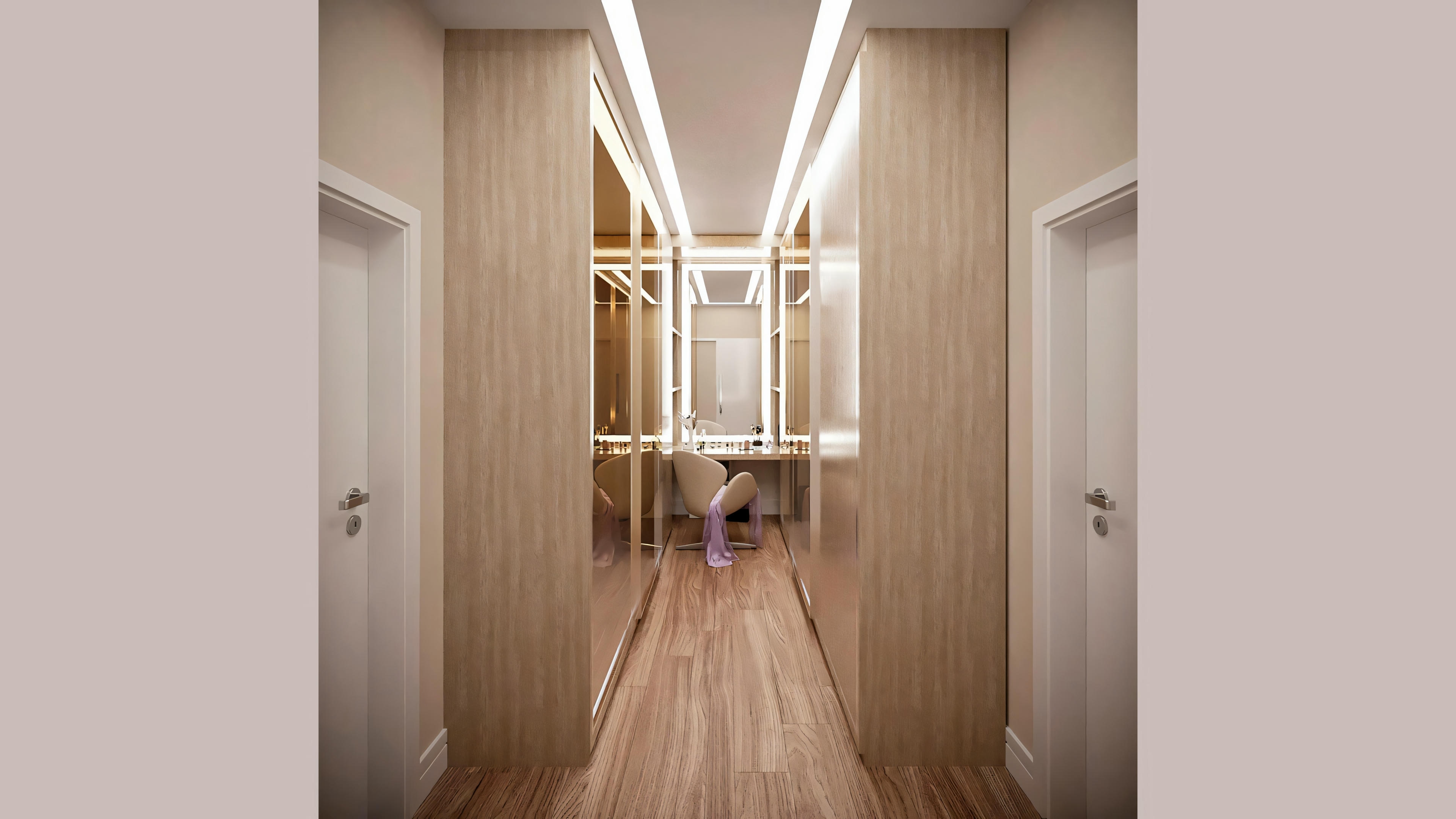 A hallway com a wooden floor, walls, e several doors, lit by ceiling lights creating a warm atmosphere.